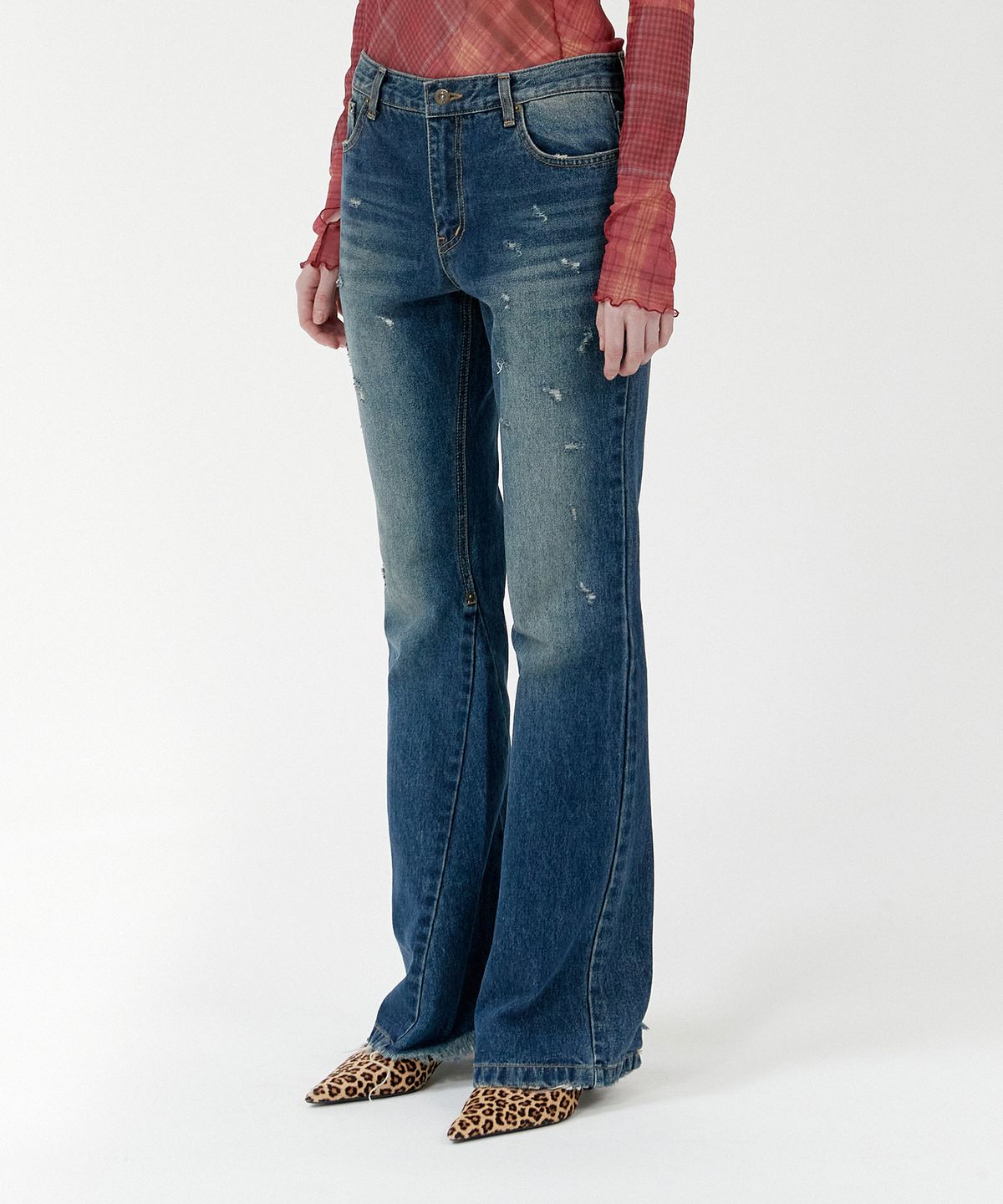 경(GYEONG) Damage Buts Cut Denim Jeans_Deep Blue