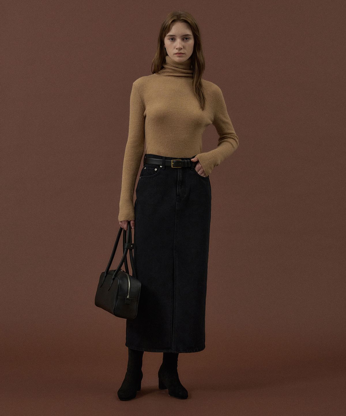 라메레이(LAMEREI) Slit Long Denim Skirt[LMBDAUDN4121]-Black