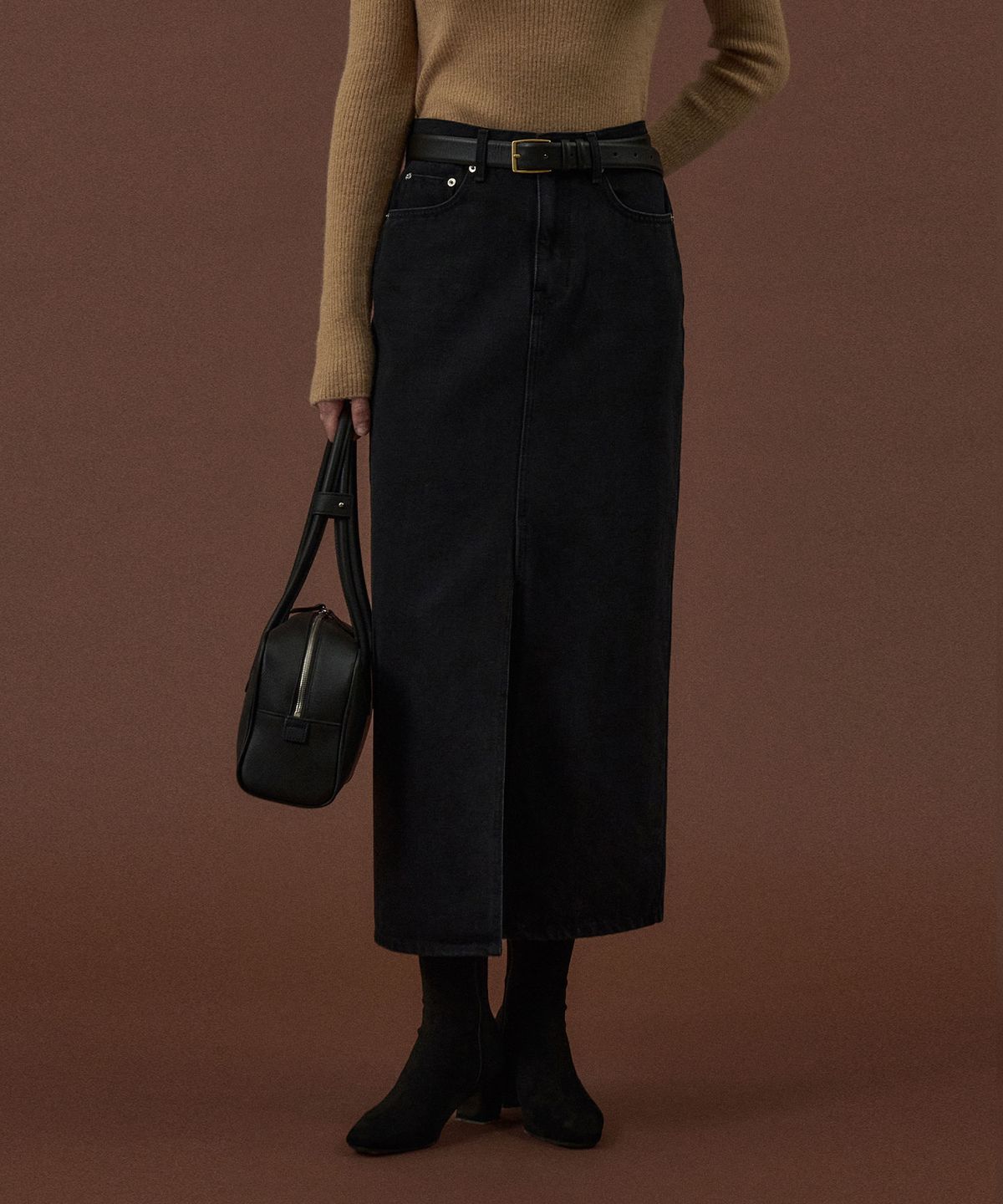 라메레이(LAMEREI) Slit Long Denim Skirt[LMBDAUDN4121]-Black