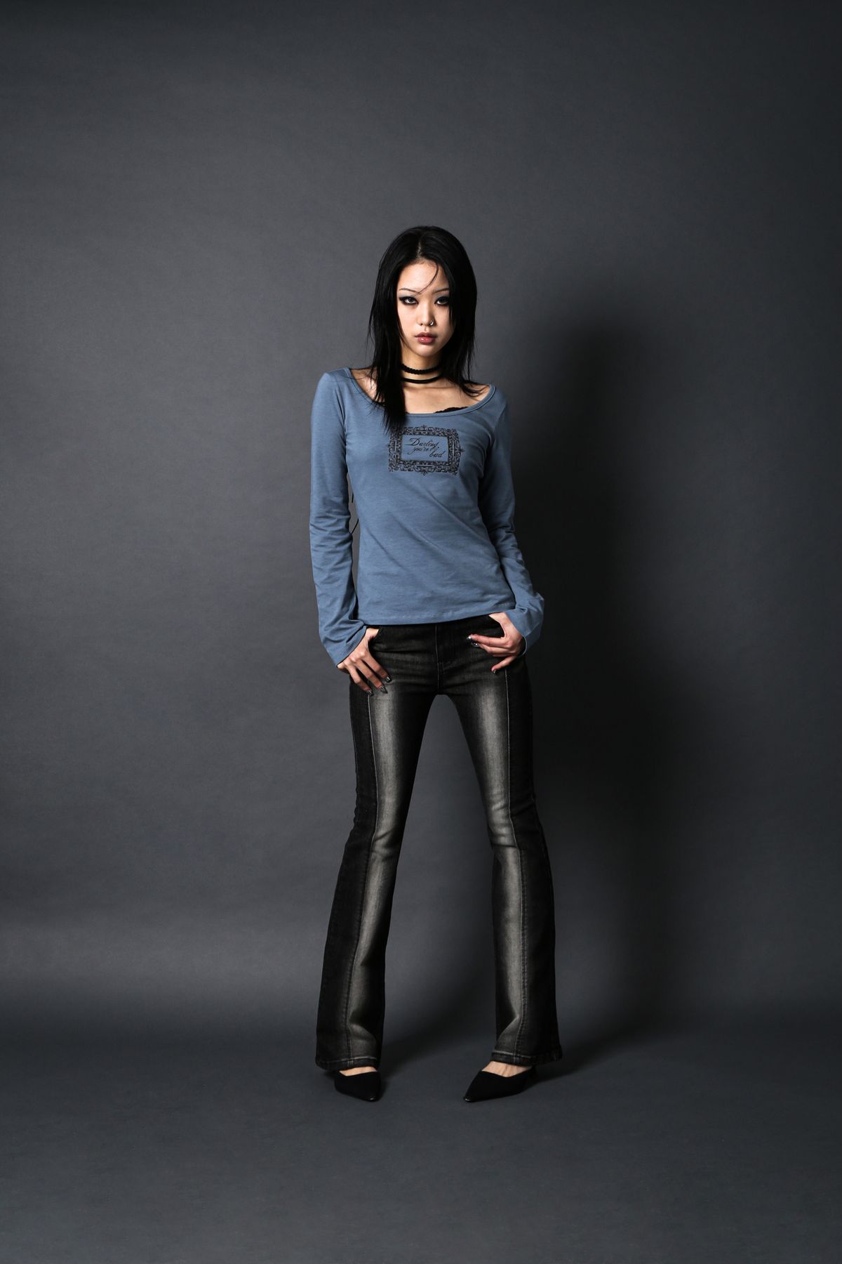 달링유어배드(DARLING, YOU'RE BAD) CORSET HIGHLIGHT BOOTS CUT DENIM #NOIR