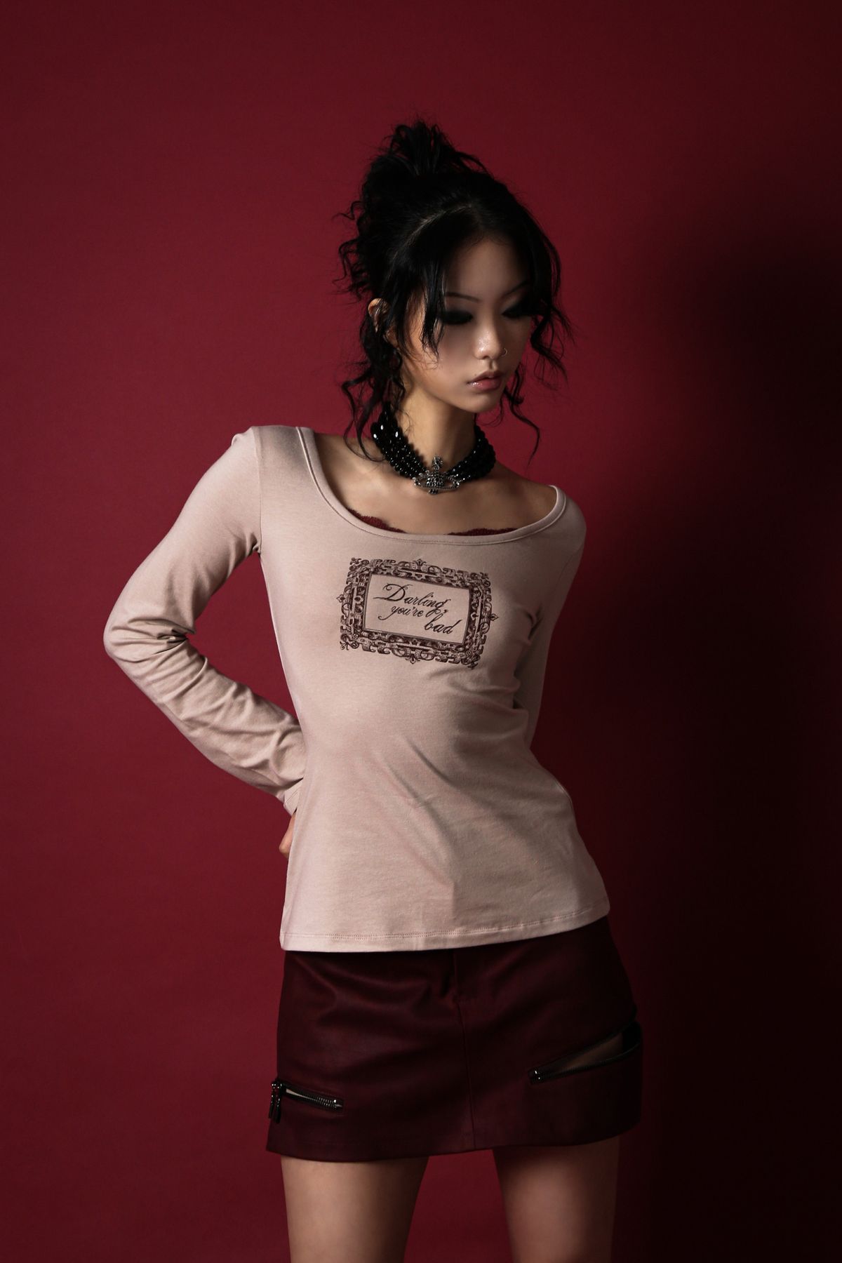 달링유어배드(DARLING, YOU'RE BAD) ANTIQUE ROSE SKIRT #SUEDE RED