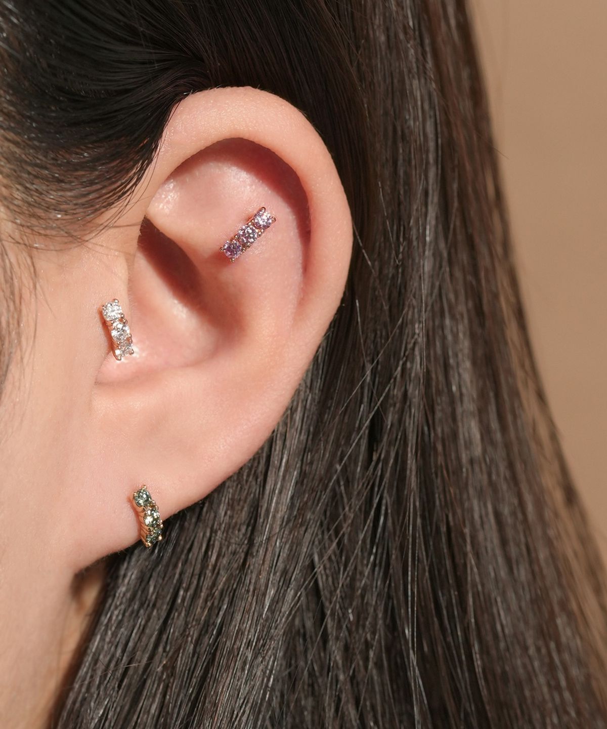 미니멀피어싱(MINIMALPIERCING) 14K 모이사나이트 다이아 트리플 컬러 커브 피어싱 귀걸이