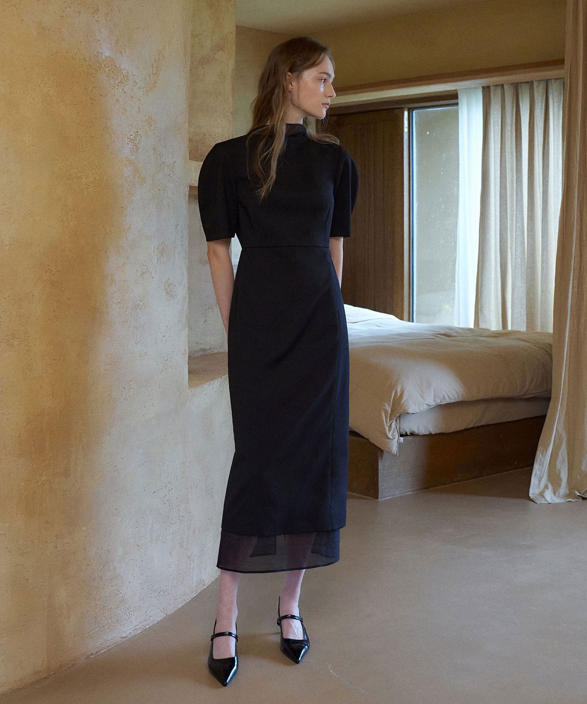 라메레이(LAMEREI) HighNeck See-through Dress[LMBDAUDR801]-Black