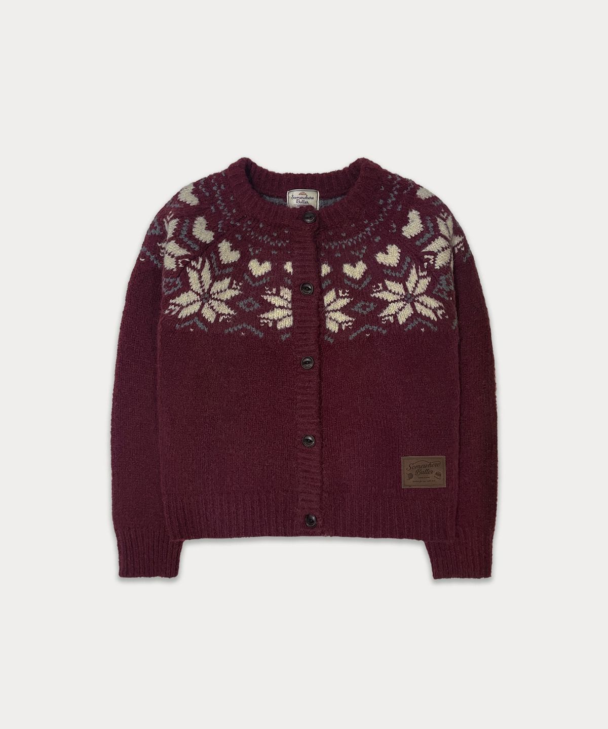 썸웨어버터(SOMEWHEREBUTTER) Heart Alpaca Nordic Cardigan - Burgundy