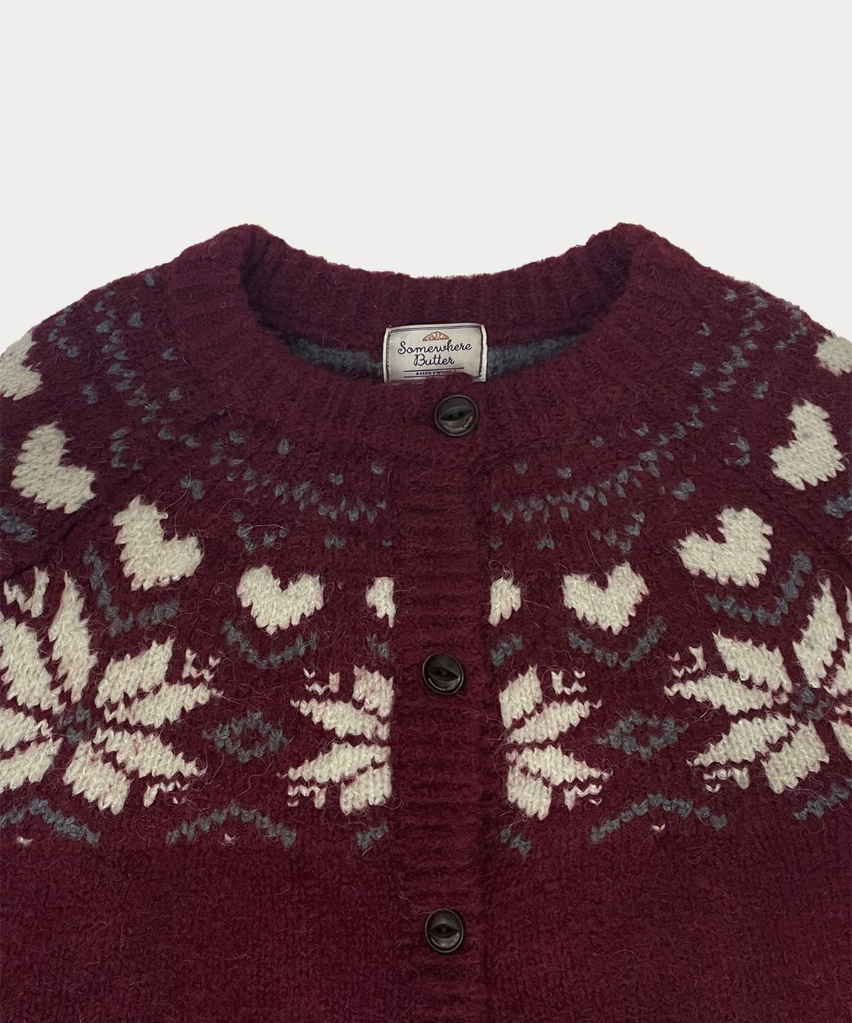 썸웨어버터(SOMEWHEREBUTTER) Heart Alpaca Nordic Cardigan - Burgundy