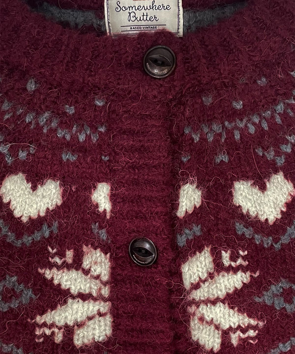 썸웨어버터(SOMEWHEREBUTTER) Heart Alpaca Nordic Cardigan - Burgundy