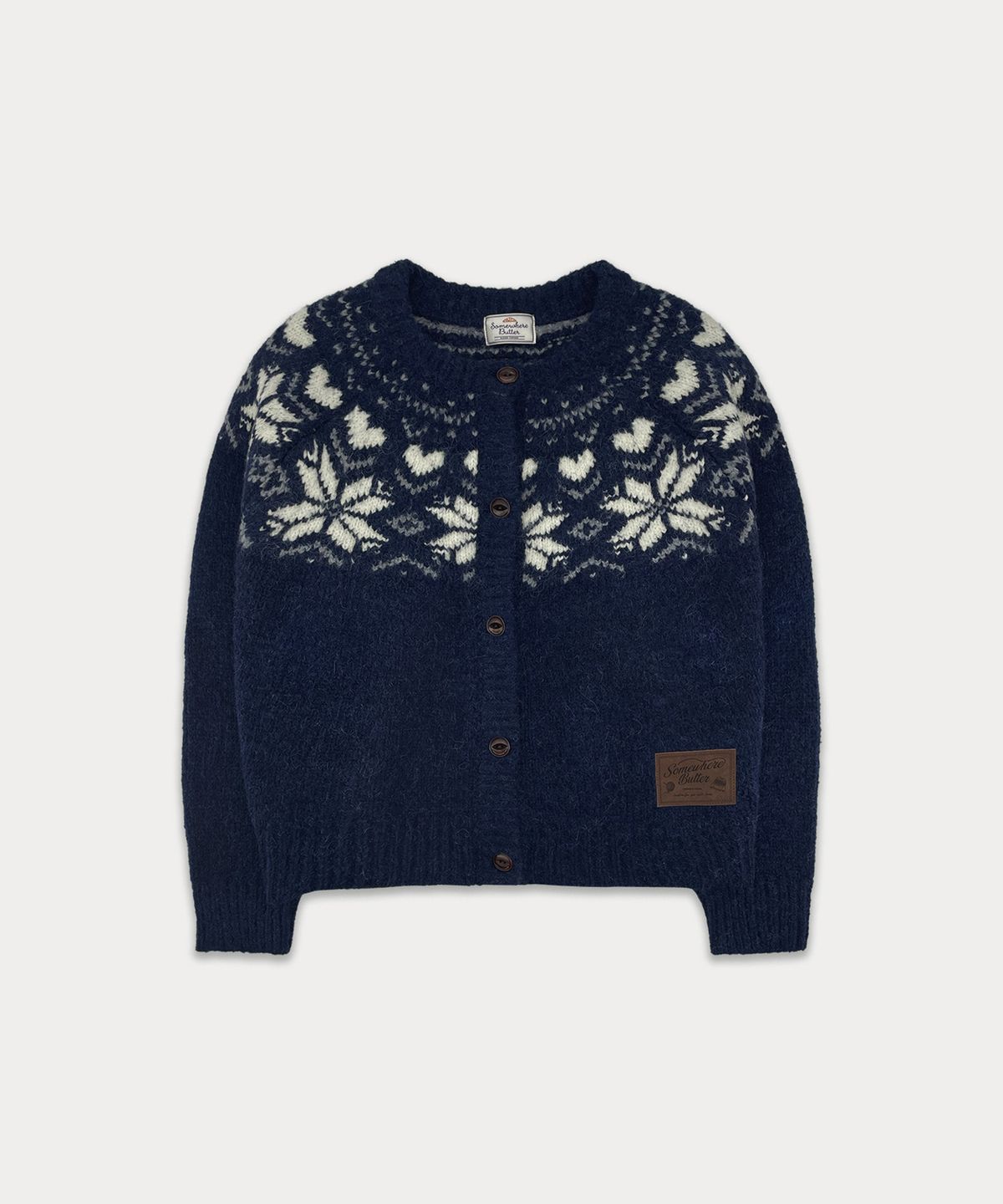 썸웨어버터(SOMEWHEREBUTTER) Heart Alpaca Nordic Cardigan - Navy