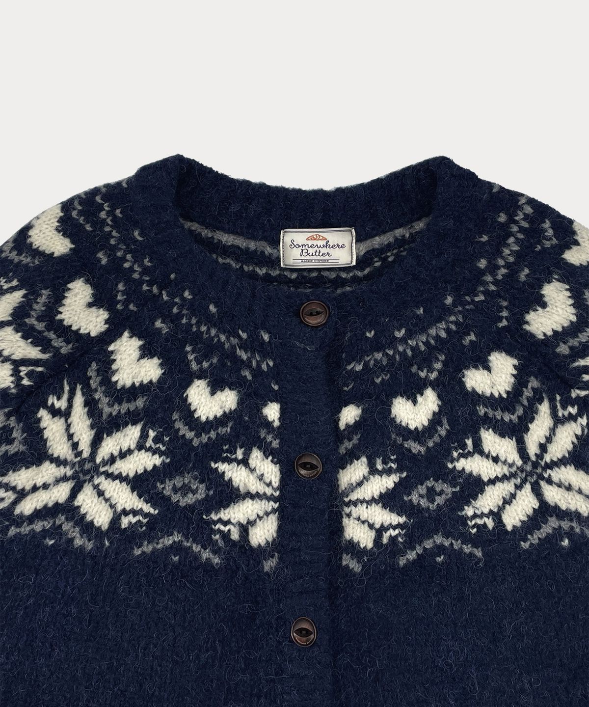 썸웨어버터(SOMEWHEREBUTTER) Heart Alpaca Nordic Cardigan - Navy