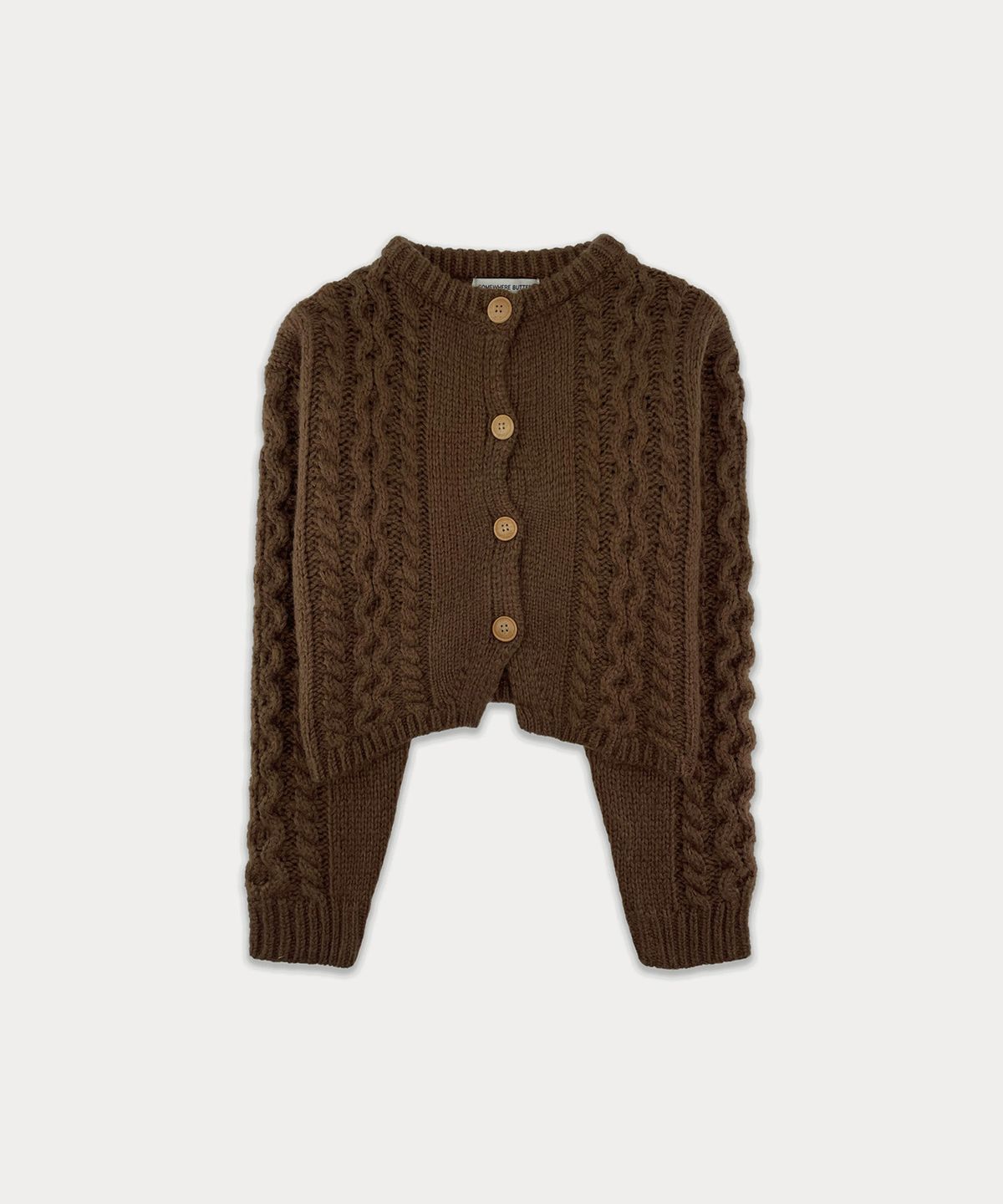 썸웨어버터(SOMEWHEREBUTTER) Woodbutton Cable Cardigan - Brown