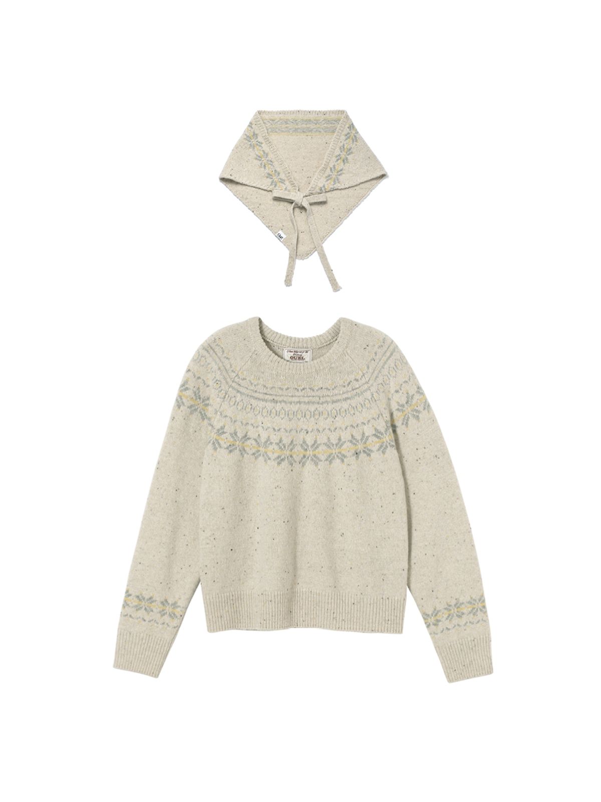 오앨(OUEL) WOOL SILK BLENDED NORDIC KNIT+HEAD SCARF SET_OATMEAL