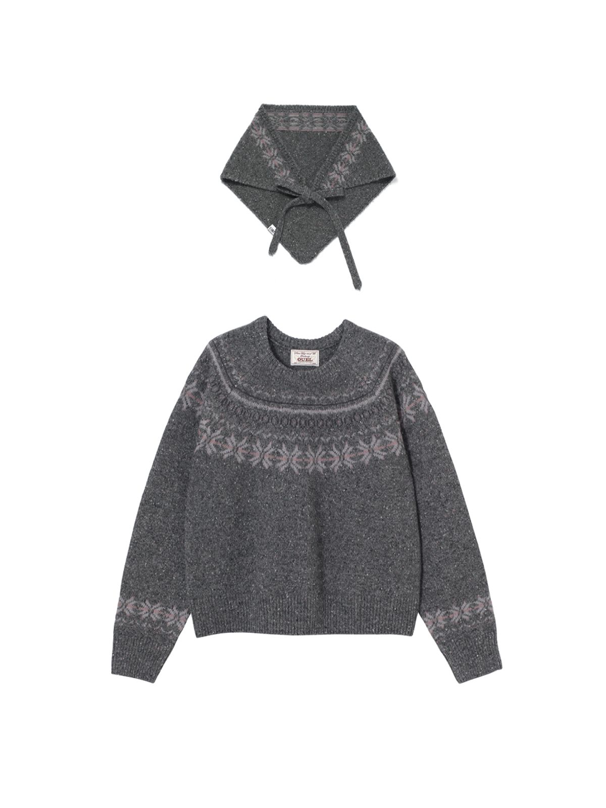 오앨(OUEL) WOOL SILK BLENDED NORDIC KNIT+HEAD SCARF SET_DARK GREY