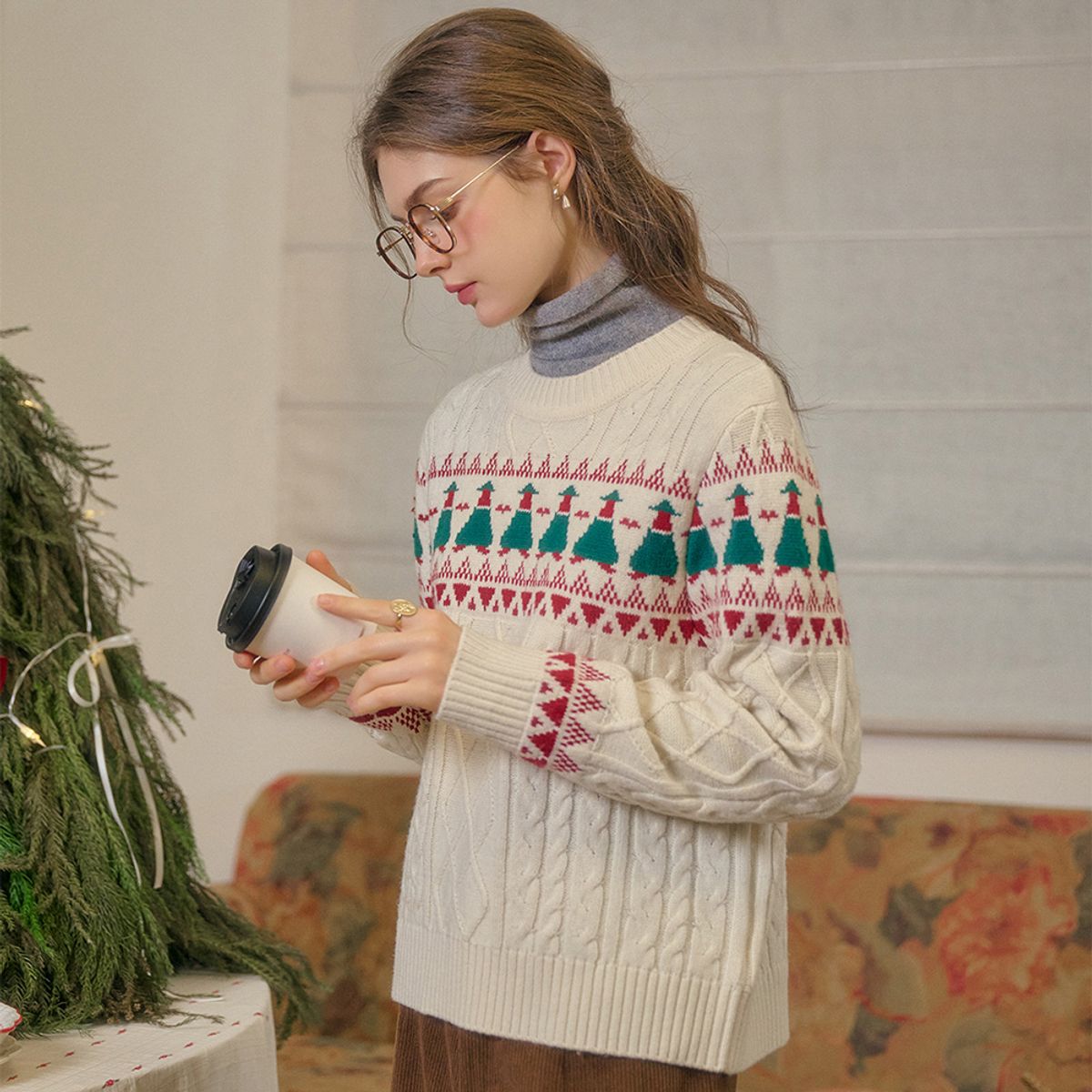 심플레트로(SIMPLE RETRO) SR_Fair isle ivory cable knit sweater