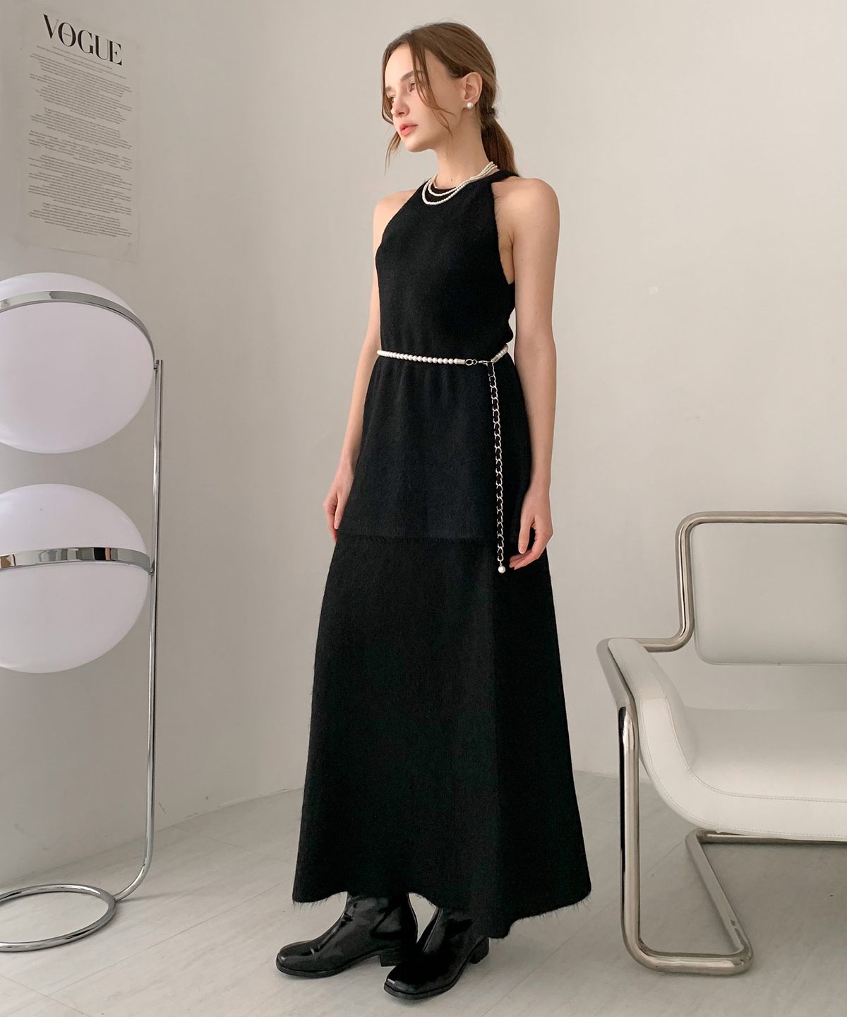 바스카라(VASCARA) [SET] Halterneck Long Knit Top+Skirt Set-up Black