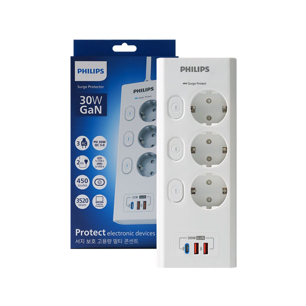 필립스(PHILIPS) 서지보호멀티탭 고용량 30GaN 과부하차단 맥스플러스 USB 3구 5구