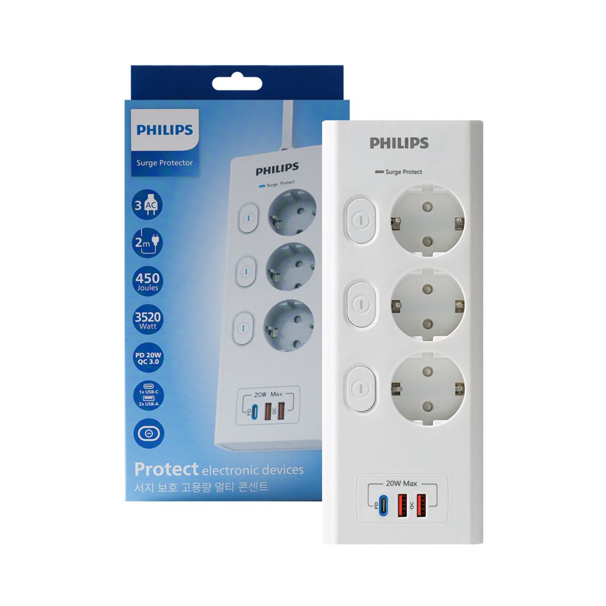 필립스(PHILIPS) 서지보호멀티탭 고용량 과부하차단 맥스 USB 3구 5구