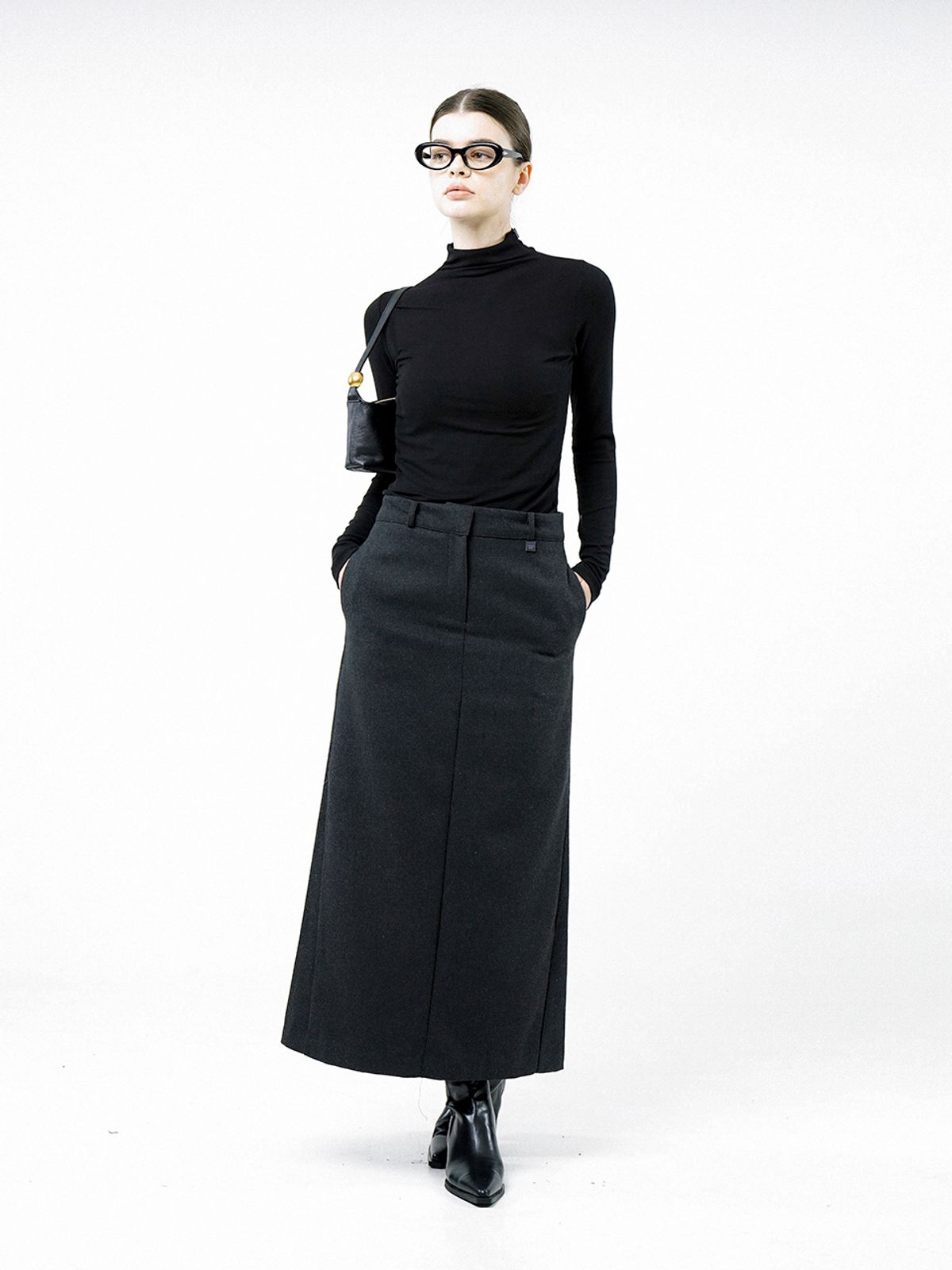 챈세스노이(CHANCE'S NOI) Back-Slit Wool Long Skirt - Charcoal /W244SK01CH