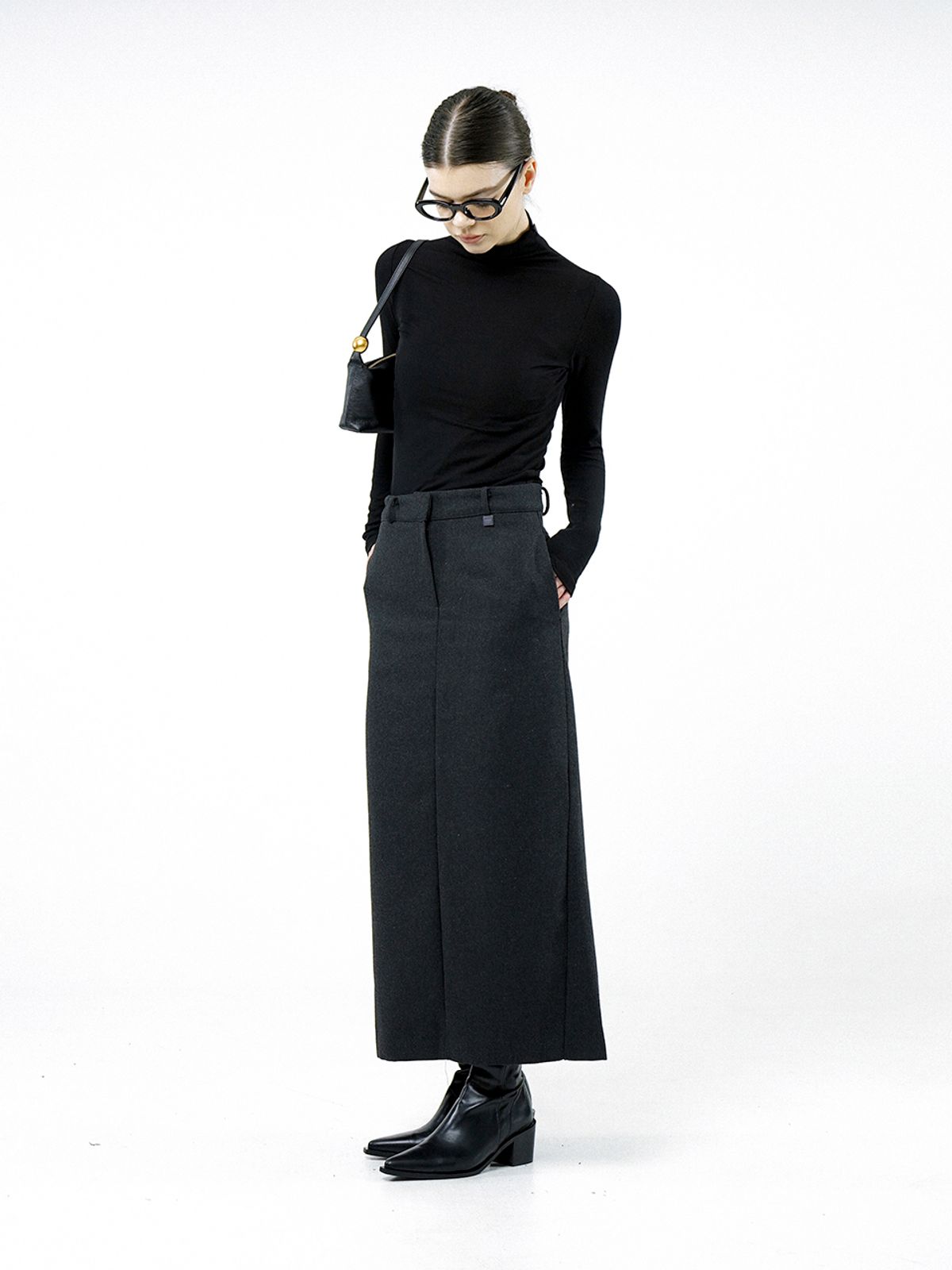 챈세스노이(CHANCE'S NOI) Back-Slit Wool Long Skirt - Charcoal /W244SK01CH