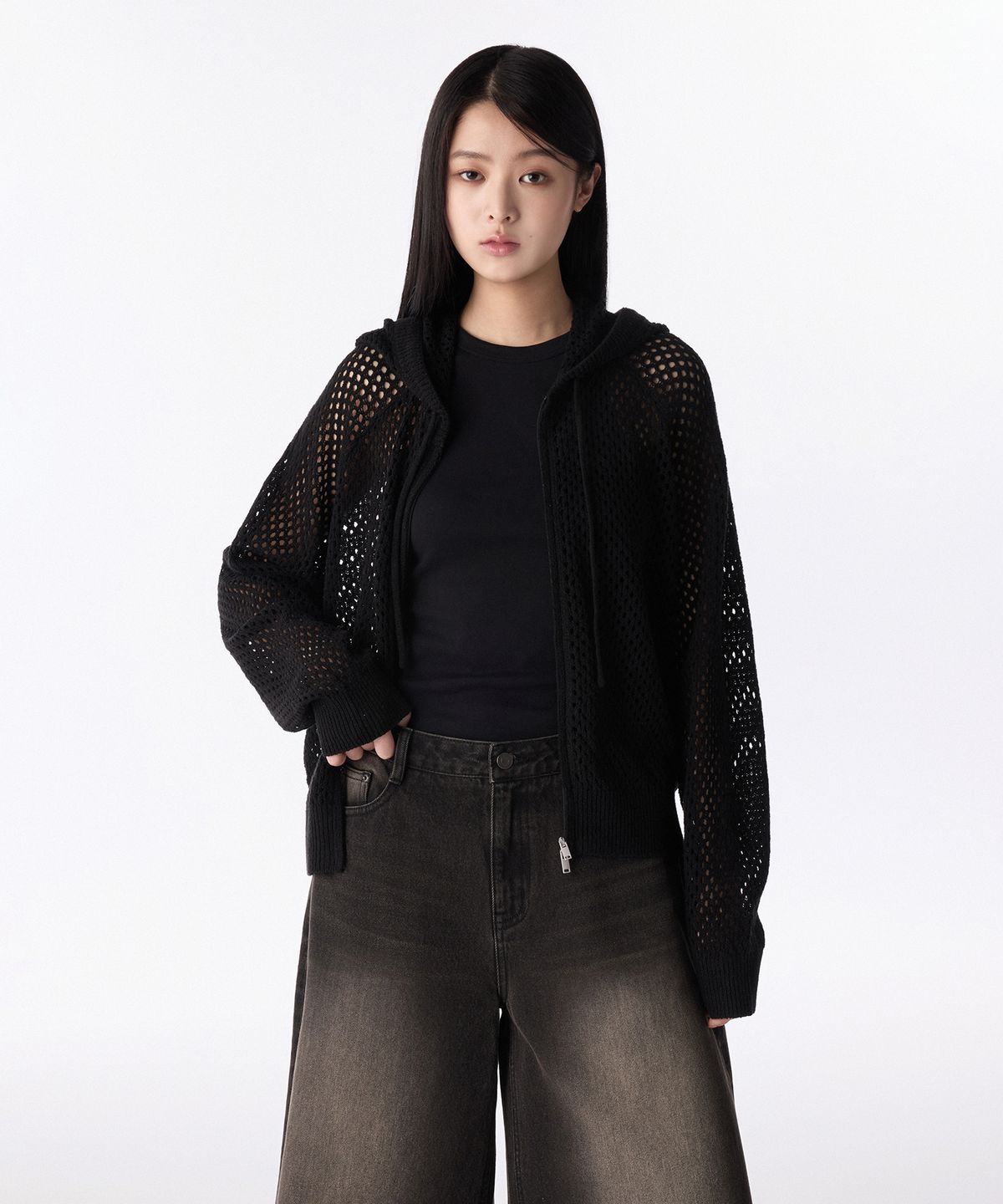무신사 스탠다드 우먼(MUSINSA STANDARD WOMAN) 우먼즈 네트 니트 후디드 집업 [블랙]