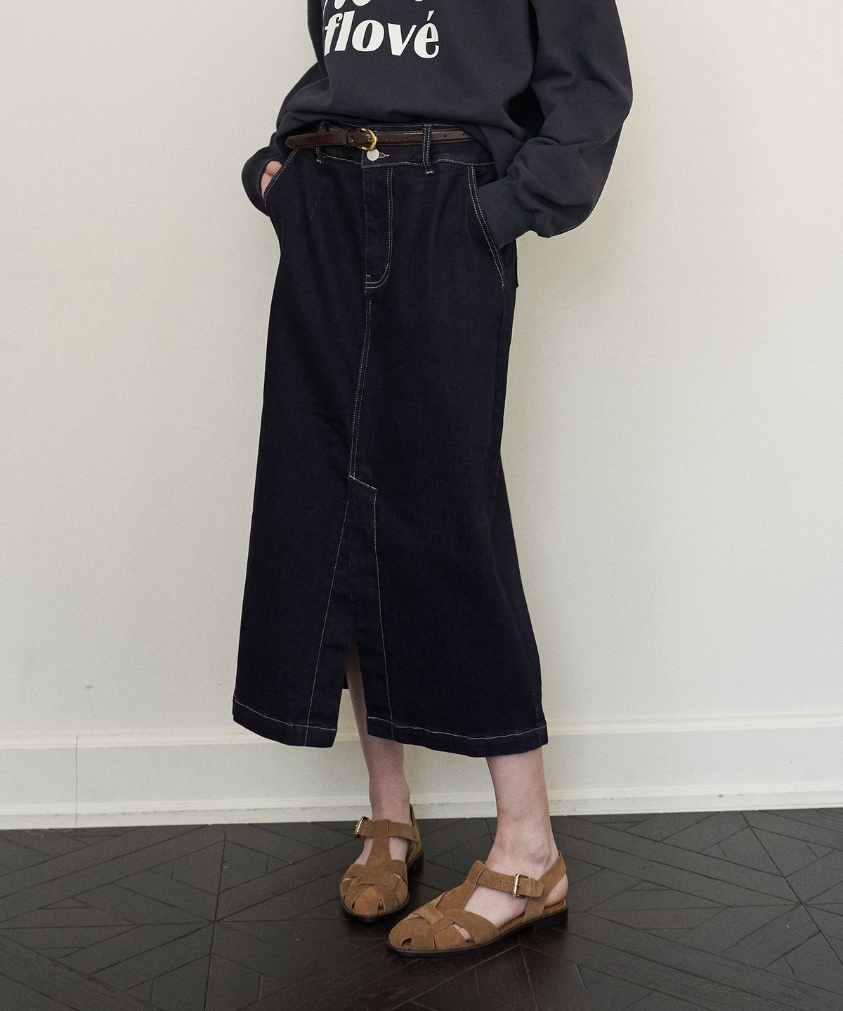 플로브(FLOVE) SLIT DENIM SKIRT BELT SET 3COLORS