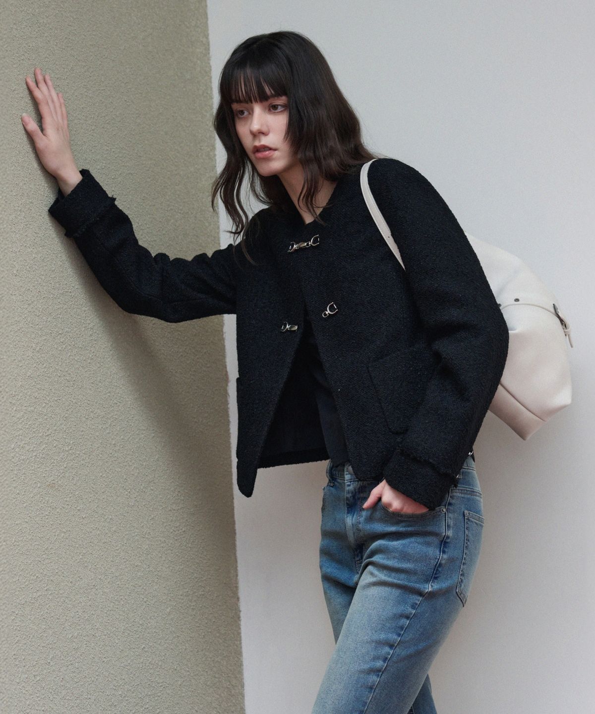 레더리(LEATHERY) 후크 트위드 자켓 [IVORY]
