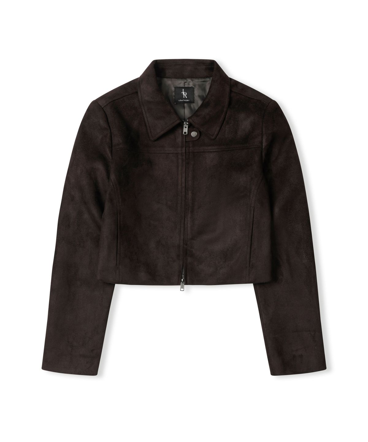 레더리(LEATHERY) 커브드 스웨이드 크롭 집업 자켓 [DARK BROWN]