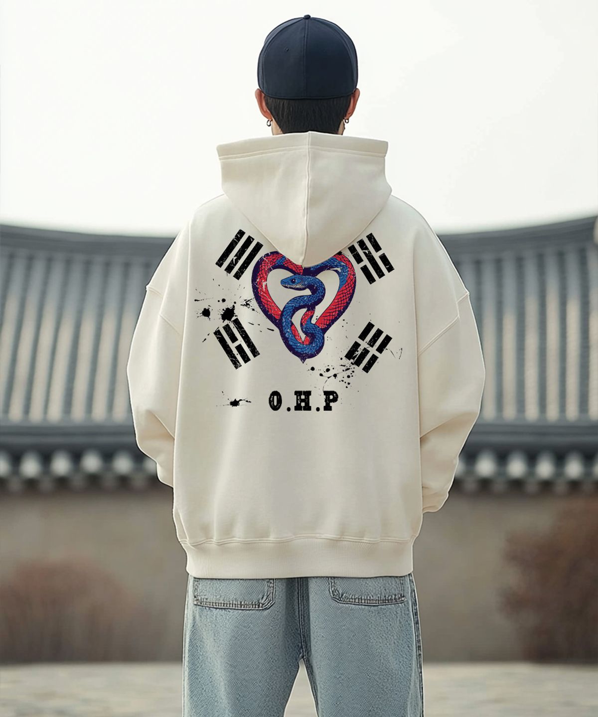 원헌드레드퍼센트(OHP) OHPxAIDAEVE b태극스네이크 오버핏 헤비 후드