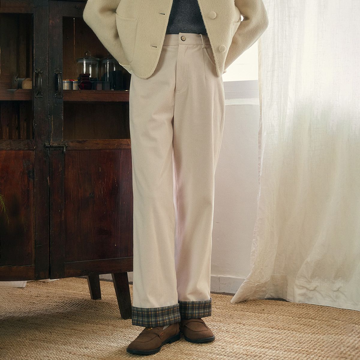 심플레트로(SIMPLE RETRO) SR_Corduroy plaid roll-up pants