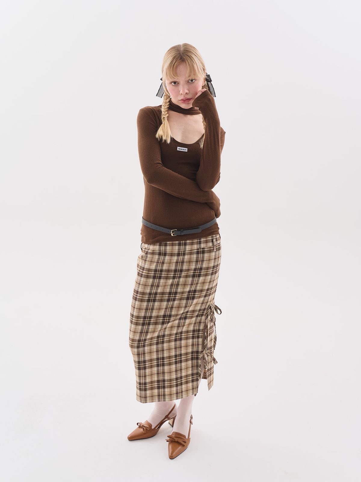 미에르꼴레스(MIERCOLES) RIBBON DETAILS CHECKED LONG SKIRT [brown]