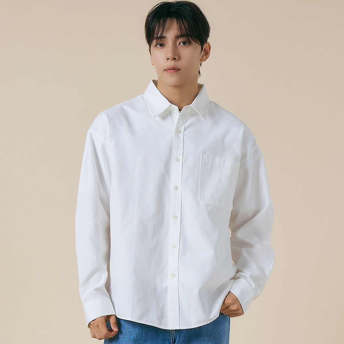 엘엑스티(LXT) 옥스포드 솔리드 포켓 오버 셔츠 [화이트]