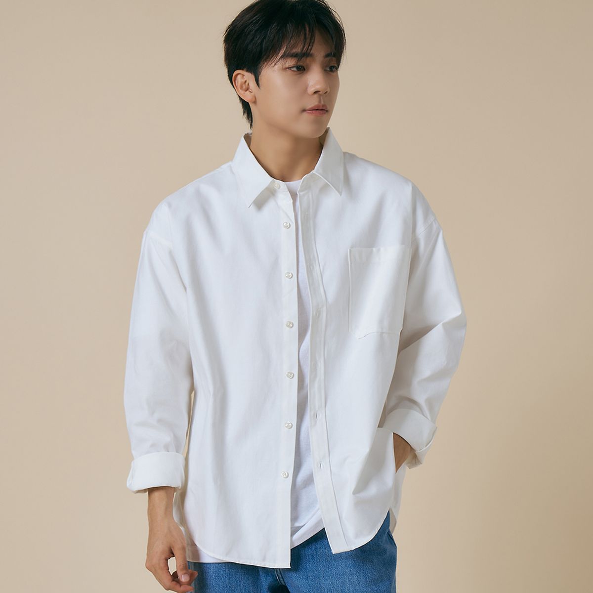 엘엑스티(LXT) 옥스포드 솔리드 포켓 오버 셔츠 [화이트]