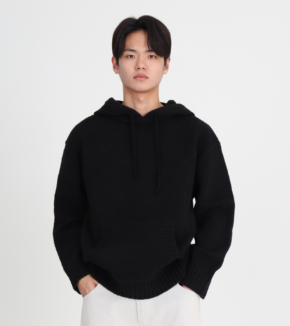 버튼서울(BUTTON SEOUL) 후드 라운드 믹스 니트 (블랙)