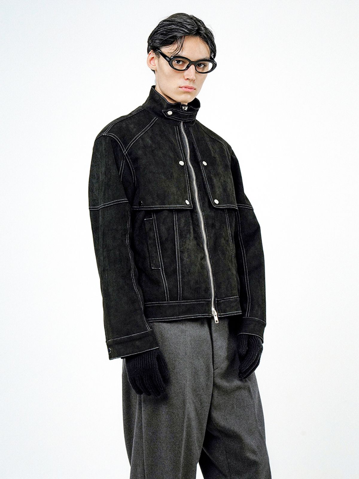 챈세스노이(CHANCE'S NOI) Biker Burton Neck Suede Jacket - Black /M24OT01BK