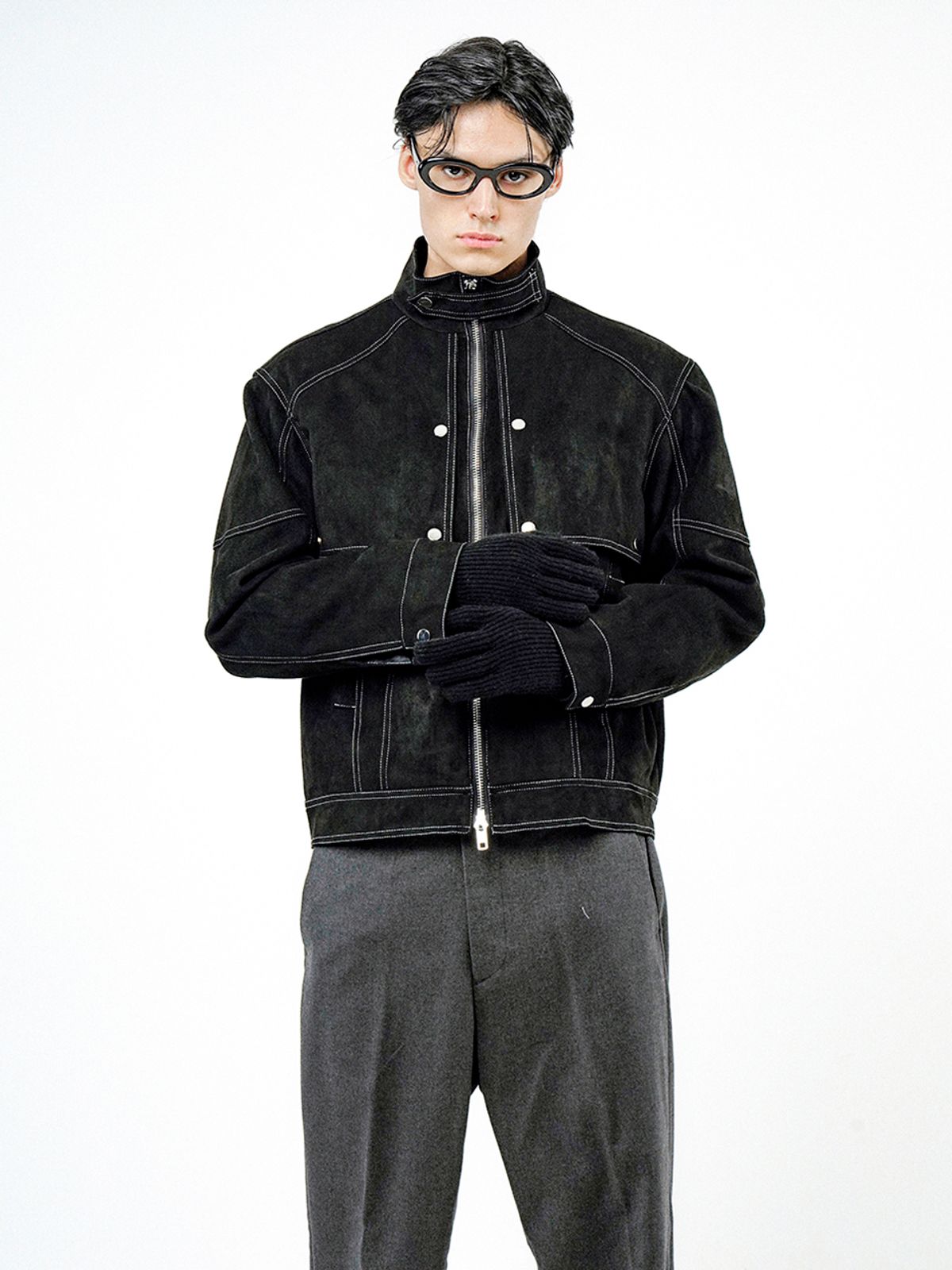 챈세스노이(CHANCE'S NOI) Biker Burton Neck Suede Jacket - Black /M24OT01BK