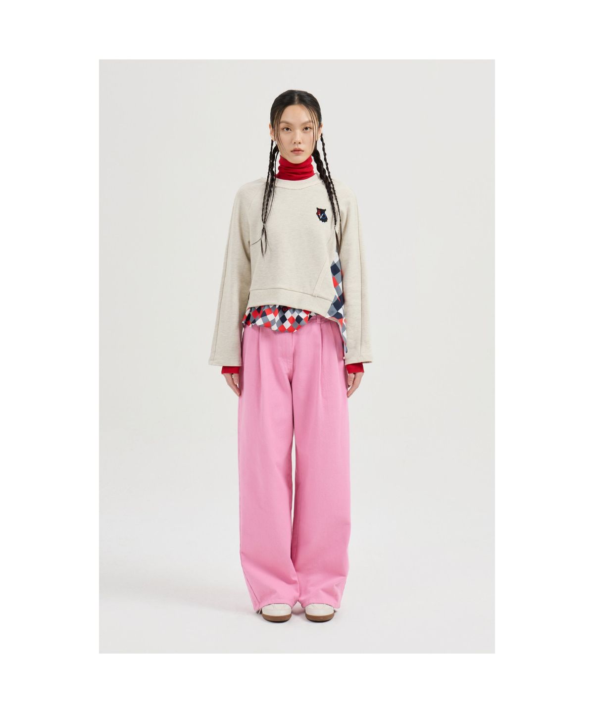 럭키슈에뜨(LUCKY CHOUETTE) Checkered Print Color Sweatshirt (oatmeal) LFTAS25110OTM