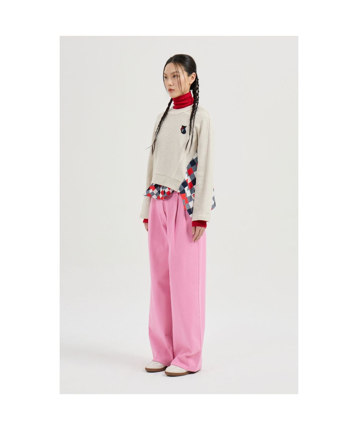 럭키슈에뜨(LUCKY CHOUETTE) Checkered Print Color Sweatshirt (oatmeal) LFTAS25110OTM