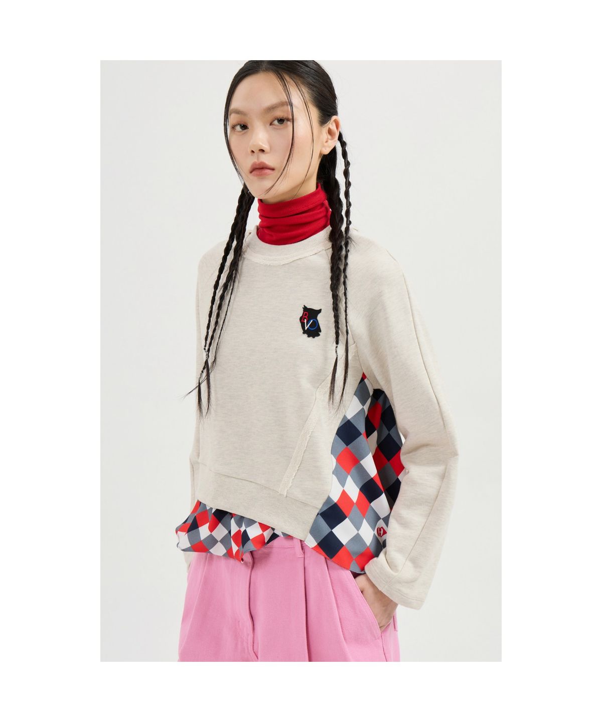 럭키슈에뜨(LUCKY CHOUETTE) Checkered Print Color Sweatshirt (oatmeal) LFTAS25110OTM