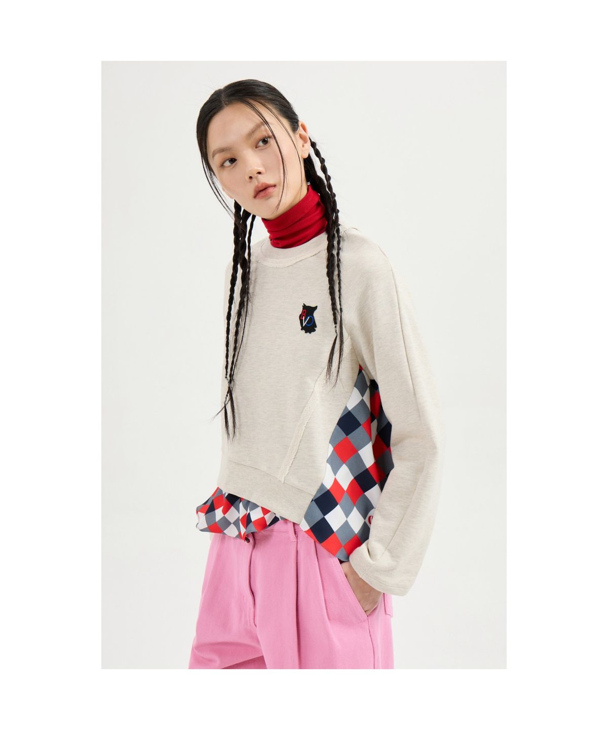 럭키슈에뜨(LUCKY CHOUETTE) Checkered Print Color Sweatshirt (oatmeal) LFTAS25110OTM