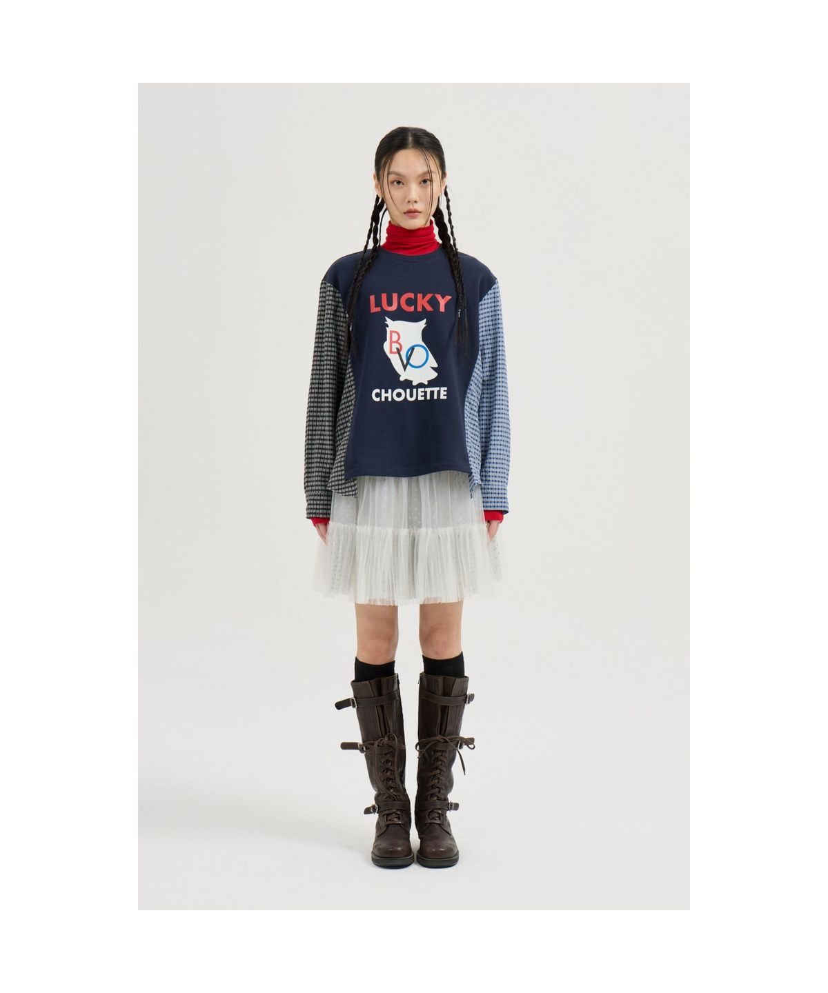 럭키슈에뜨(LUCKY CHOUETTE) Checkered Sleeve MIX Long-Sleeved T-Shirt (dark navy) LFTAS25195NYD