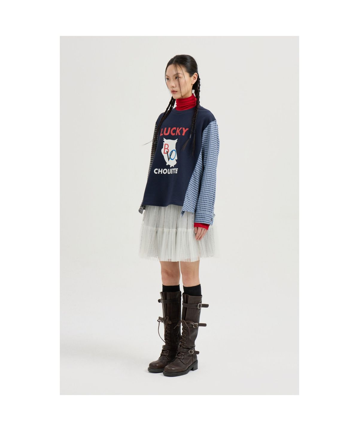럭키슈에뜨(LUCKY CHOUETTE) Checkered Sleeve MIX Long-Sleeved T-Shirt (dark navy) LFTAS25195NYD