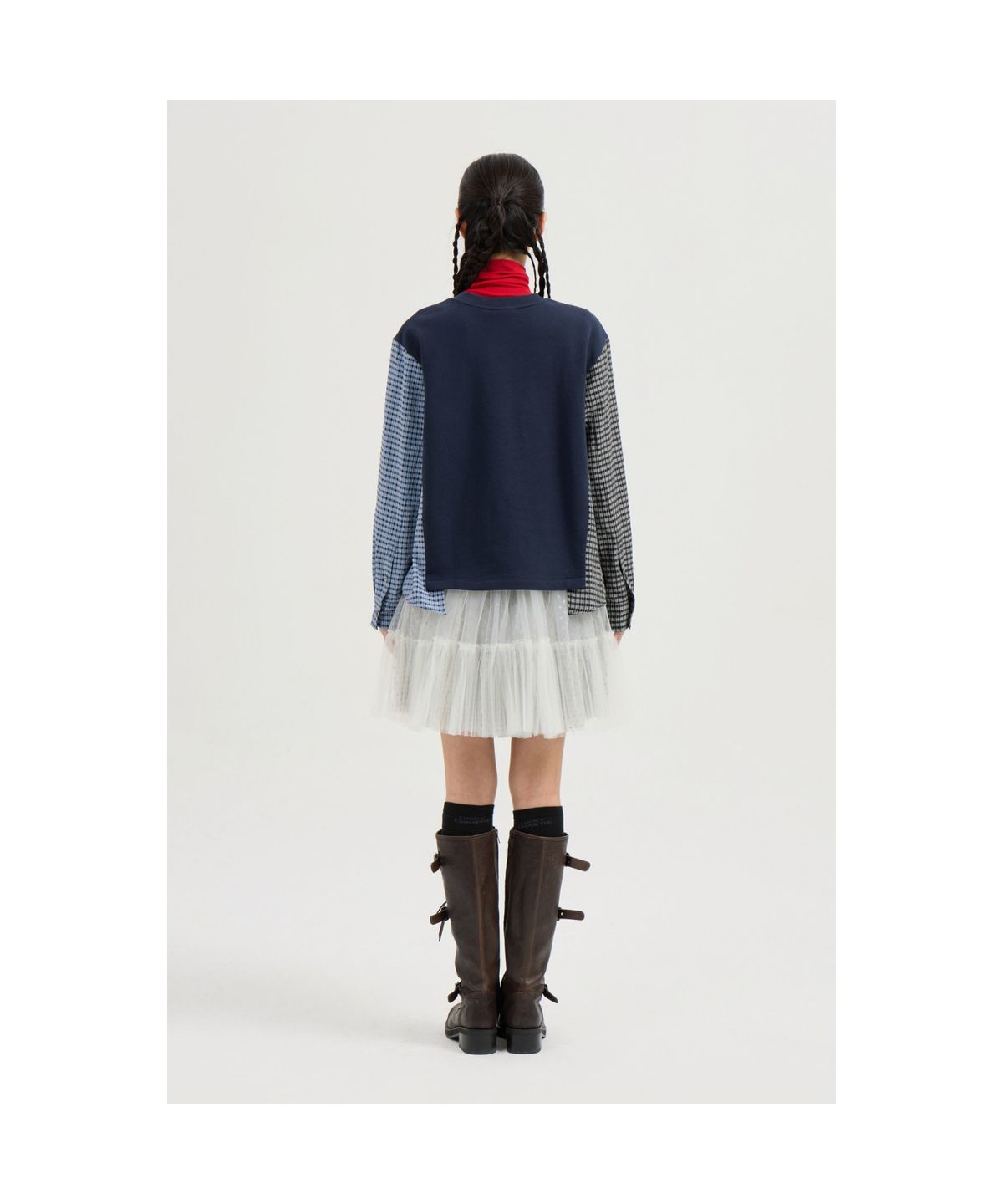 럭키슈에뜨(LUCKY CHOUETTE) Checkered Sleeve MIX Long-Sleeved T-Shirt (dark navy) LFTAS25195NYD