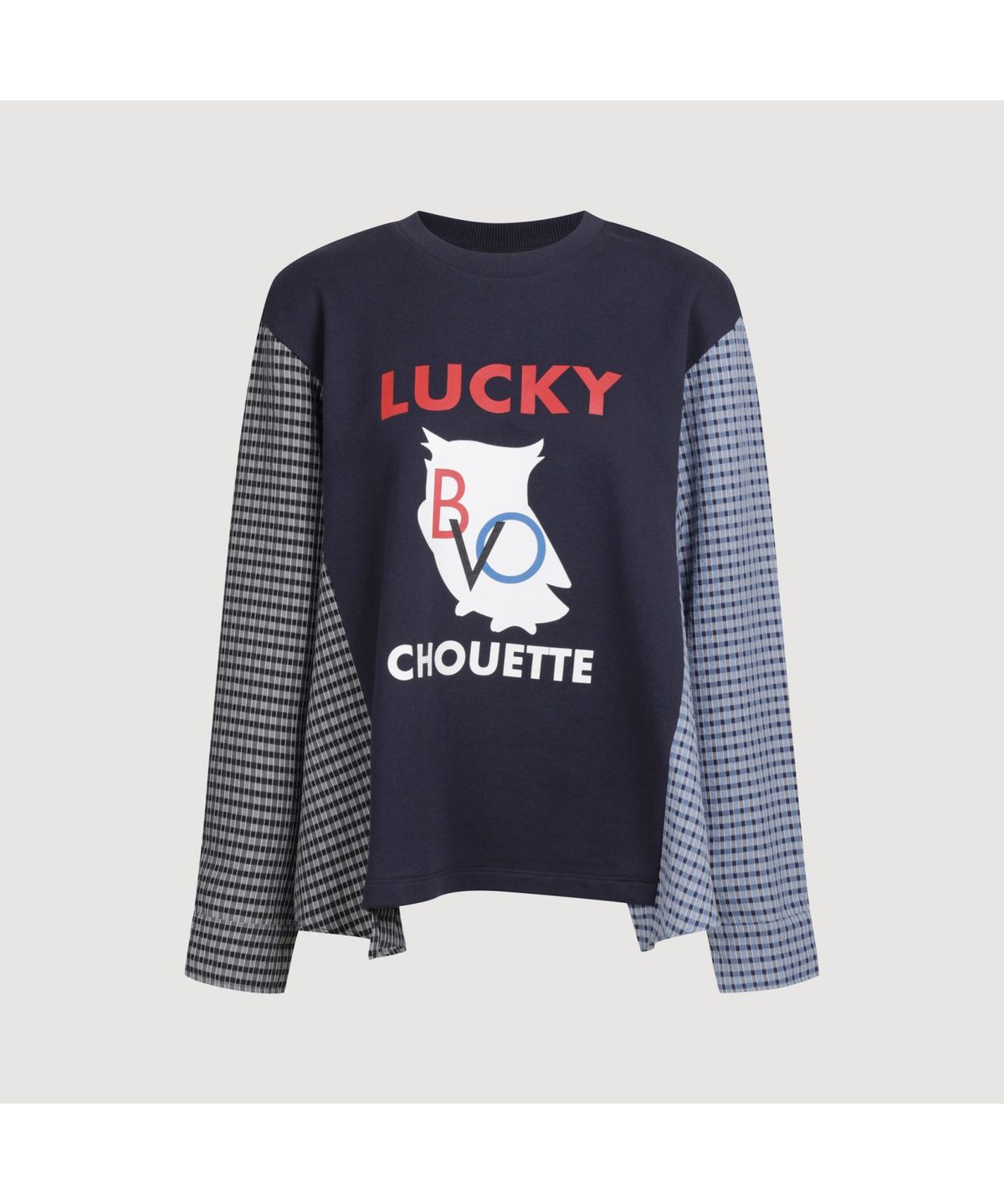 럭키슈에뜨(LUCKY CHOUETTE) Checkered Sleeve MIX Long-Sleeved T-Shirt (dark navy) LFTAS25195NYD