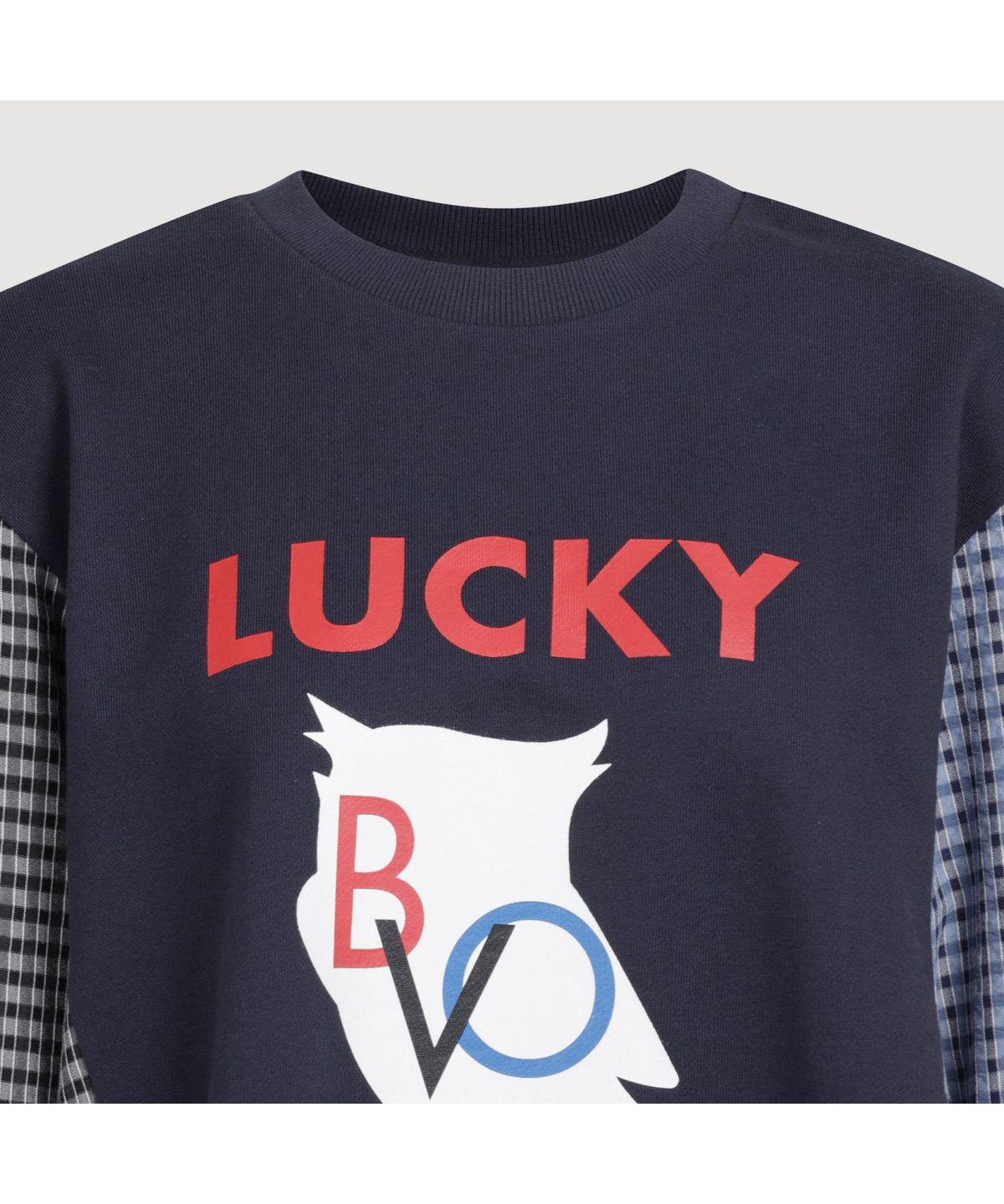 럭키슈에뜨(LUCKY CHOUETTE) Checkered Sleeve MIX Long-Sleeved T-Shirt (dark navy) LFTAS25195NYD
