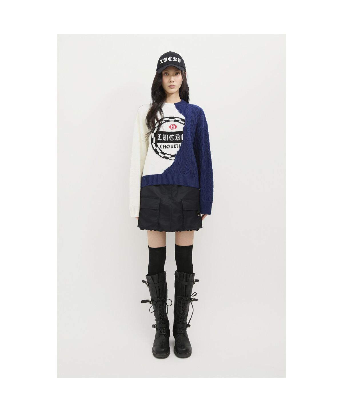 럭키슈에뜨(LUCKY CHOUETTE) Half Color Cable Mix Knit Pullover (ivory) LFWAS25100IVX