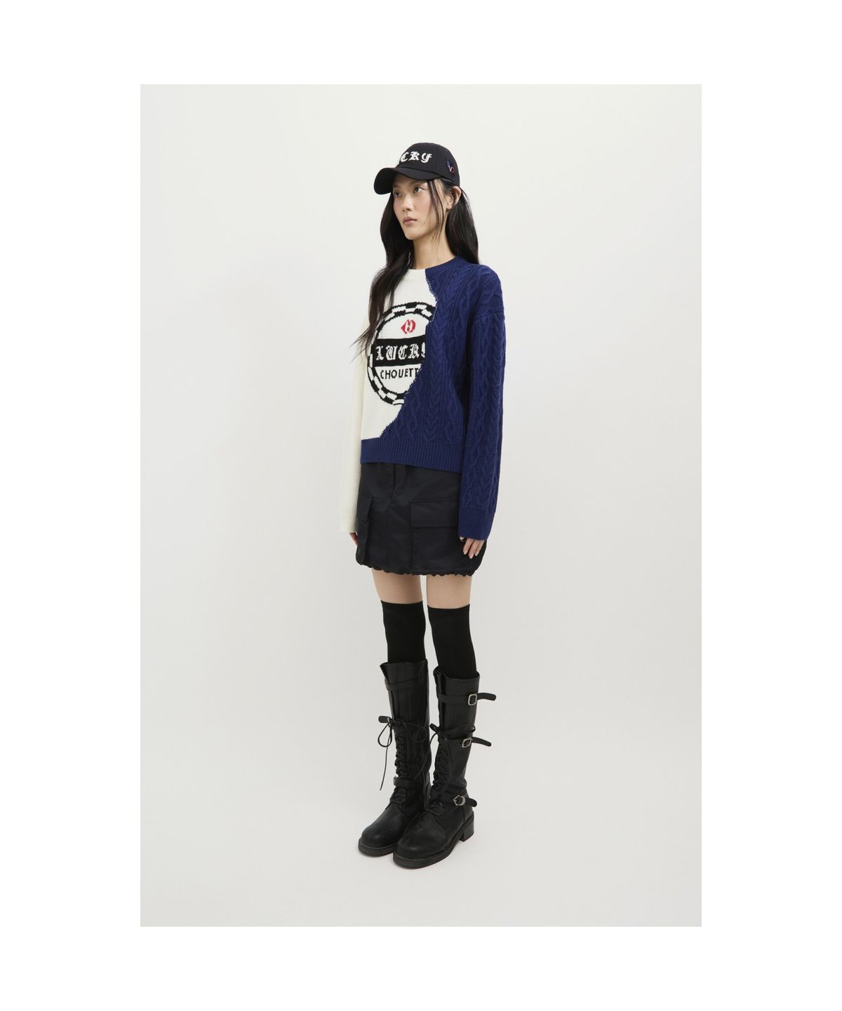 럭키슈에뜨(LUCKY CHOUETTE) Half Color Cable Mix Knit Pullover (ivory) LFWAS25100IVX