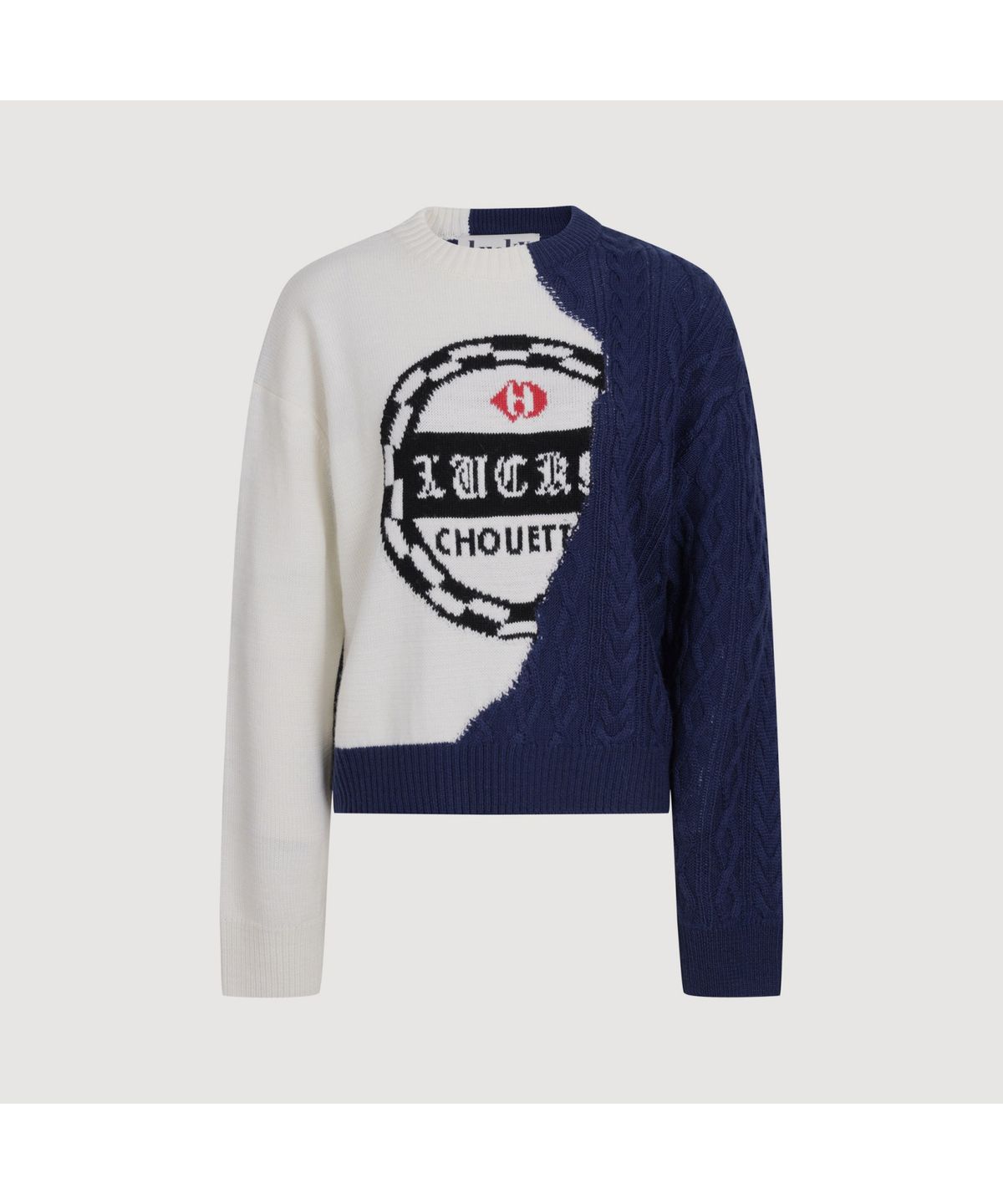 럭키슈에뜨(LUCKY CHOUETTE) Half Color Cable Mix Knit Pullover (ivory) LFWAS25100IVX