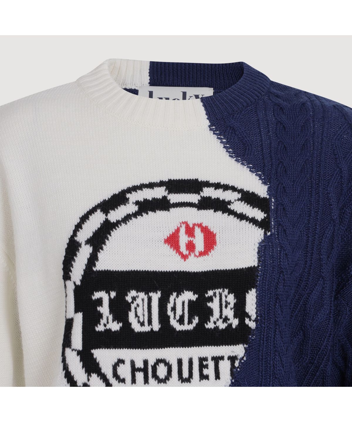 럭키슈에뜨(LUCKY CHOUETTE) Half Color Cable Mix Knit Pullover (ivory) LFWAS25100IVX