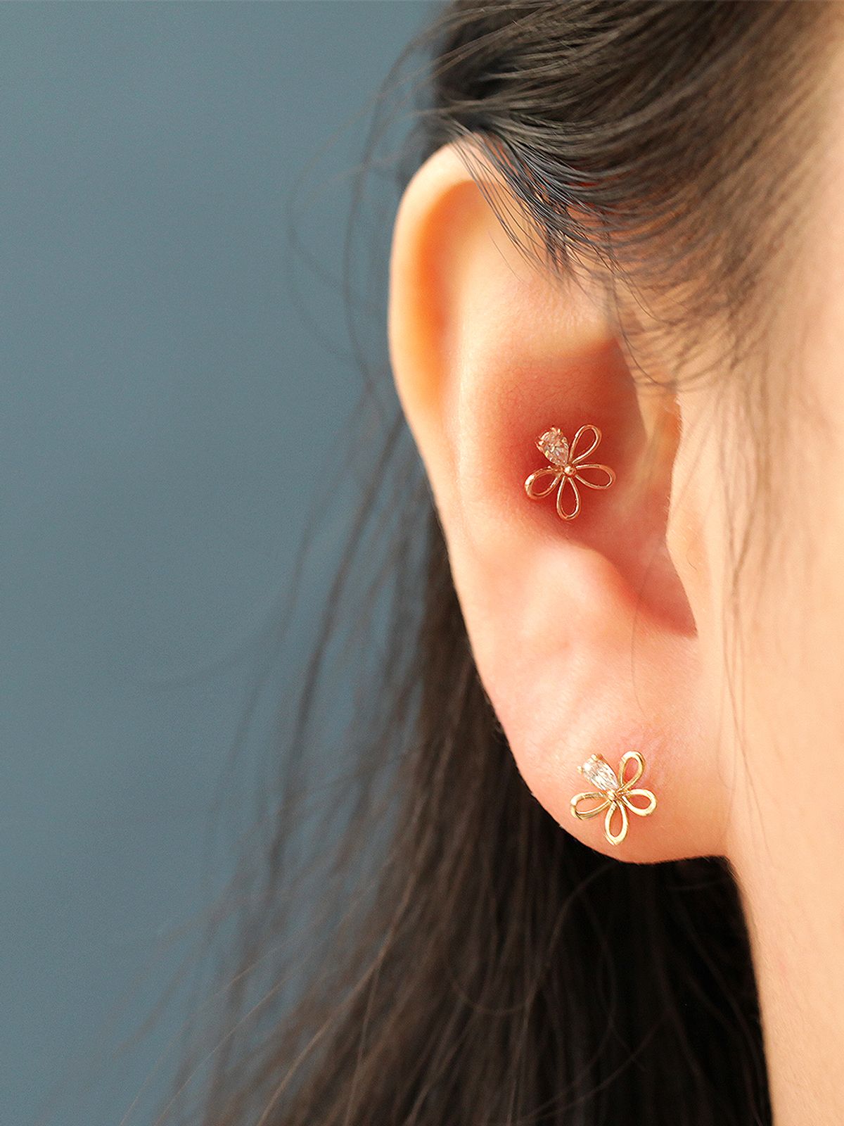 미니멀피어싱(MINIMALPIERCING) 14K 큐빅 잎 플라워 피어싱 귀걸이