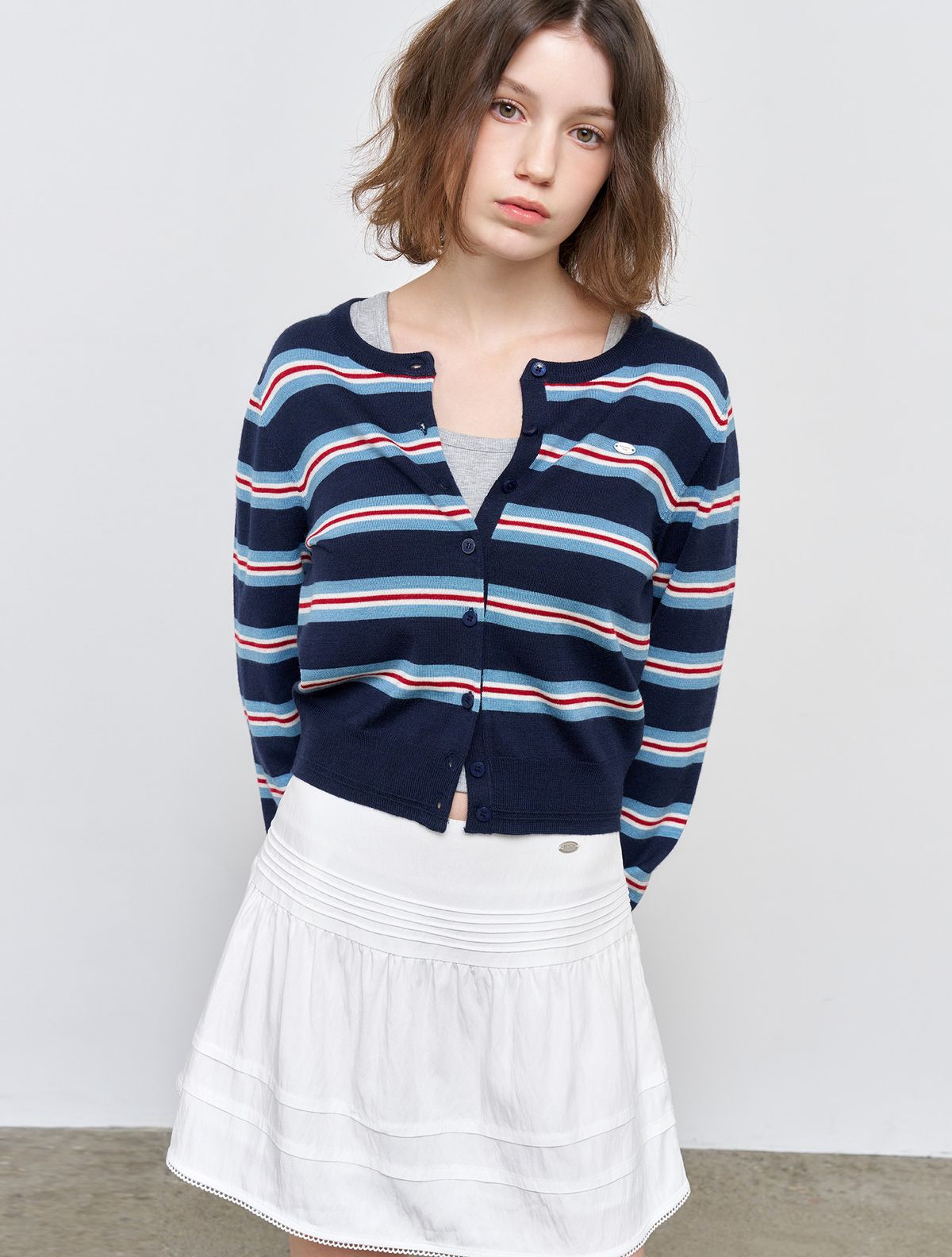 제너럴아이디어(GENERALIDEA) 멀티 스트라이프 크루넥 가디건 [NAVY] / WBE1L04504