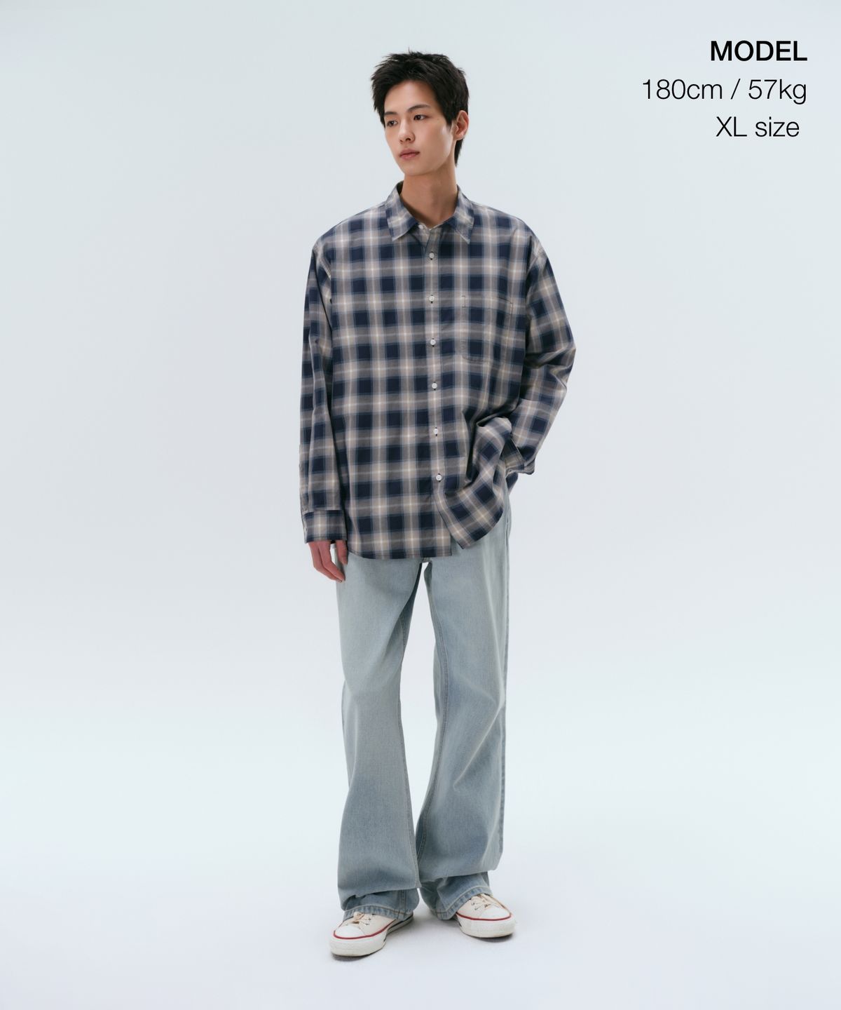 무신사 스탠다드(MUSINSA STANDARD) 릴렉스드 옴브레 플레이드 체크 셔츠 [네이비/베이지]
