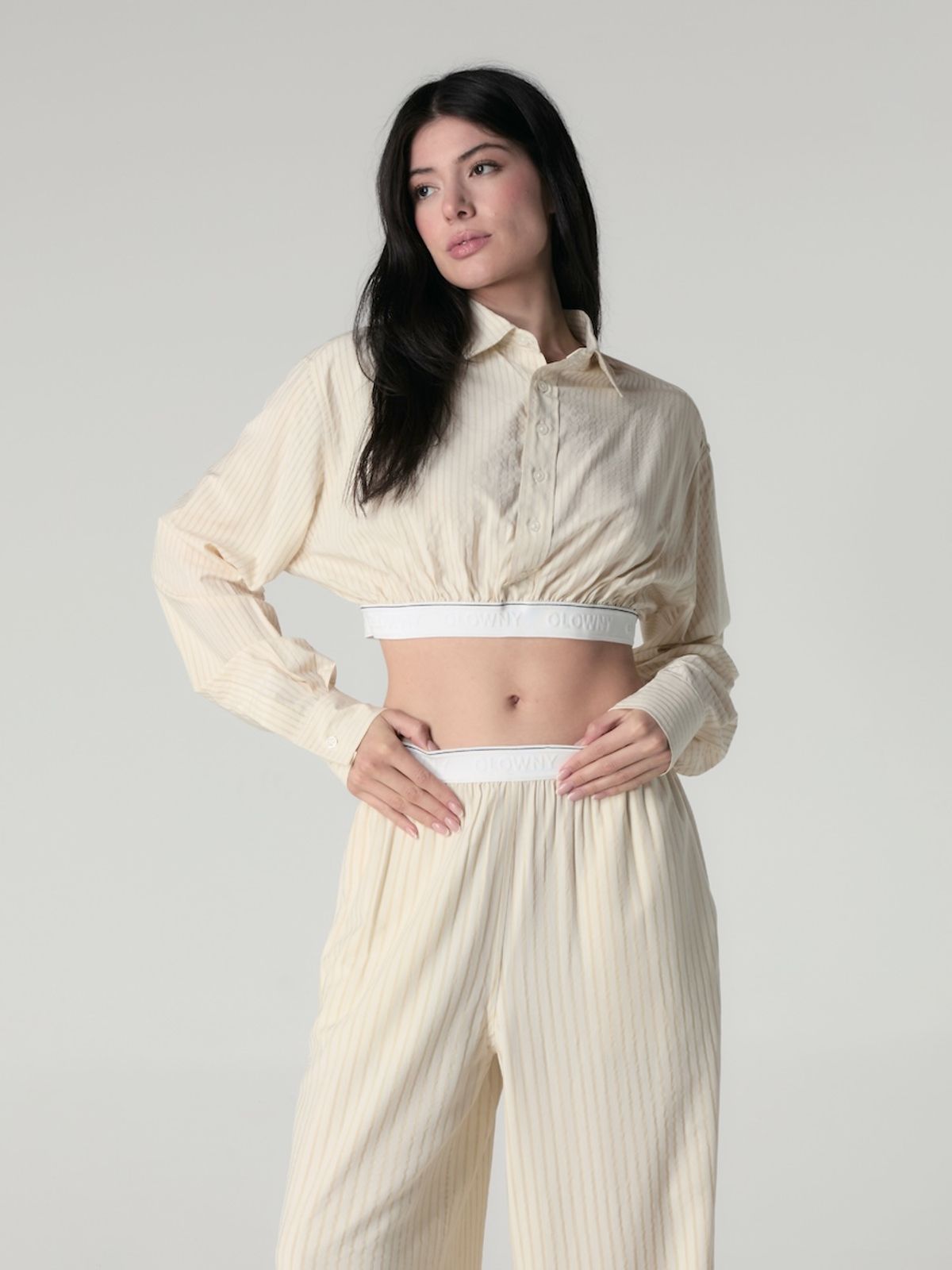 글로니(GLOWNY) WILLY CROP SHIRT (BEIGE  STRIPE)